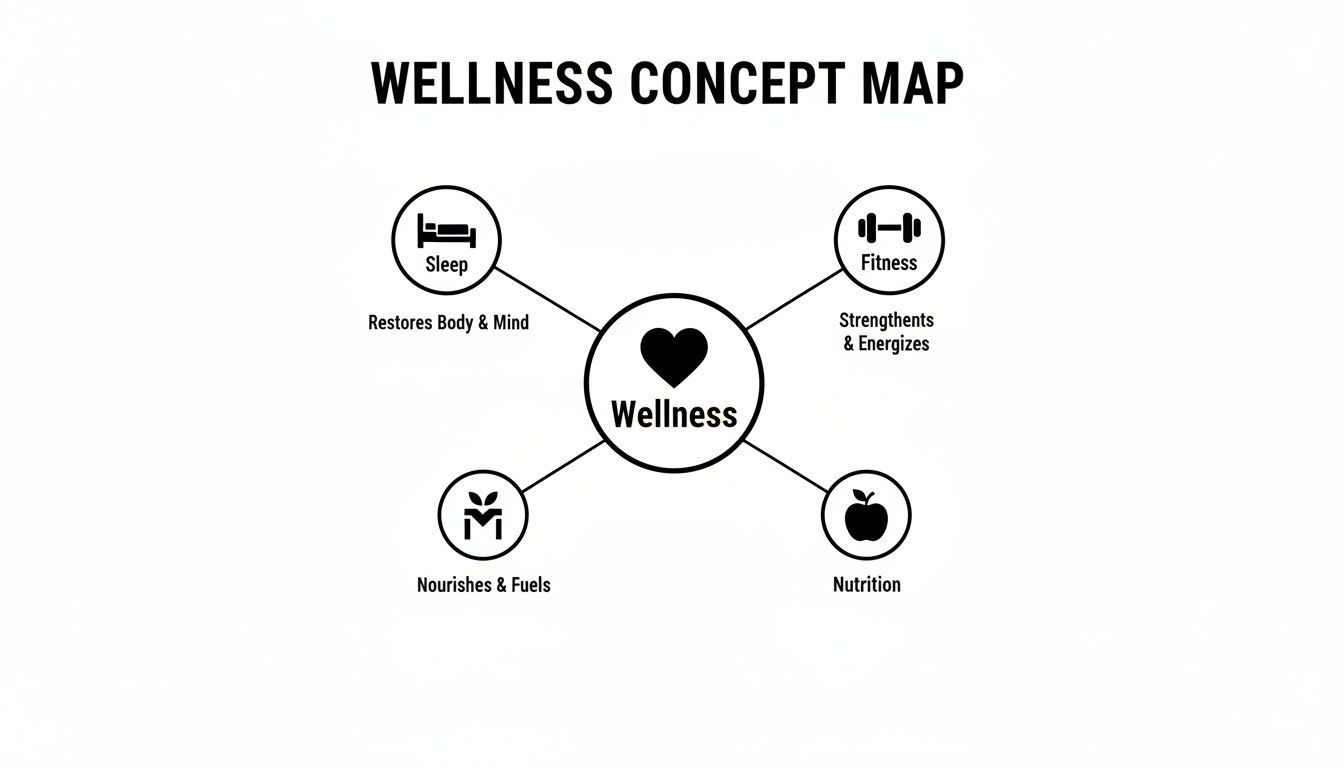 Concept map illustrating wellness with sleep, fitness, nutrition, and nourishment as essential components.