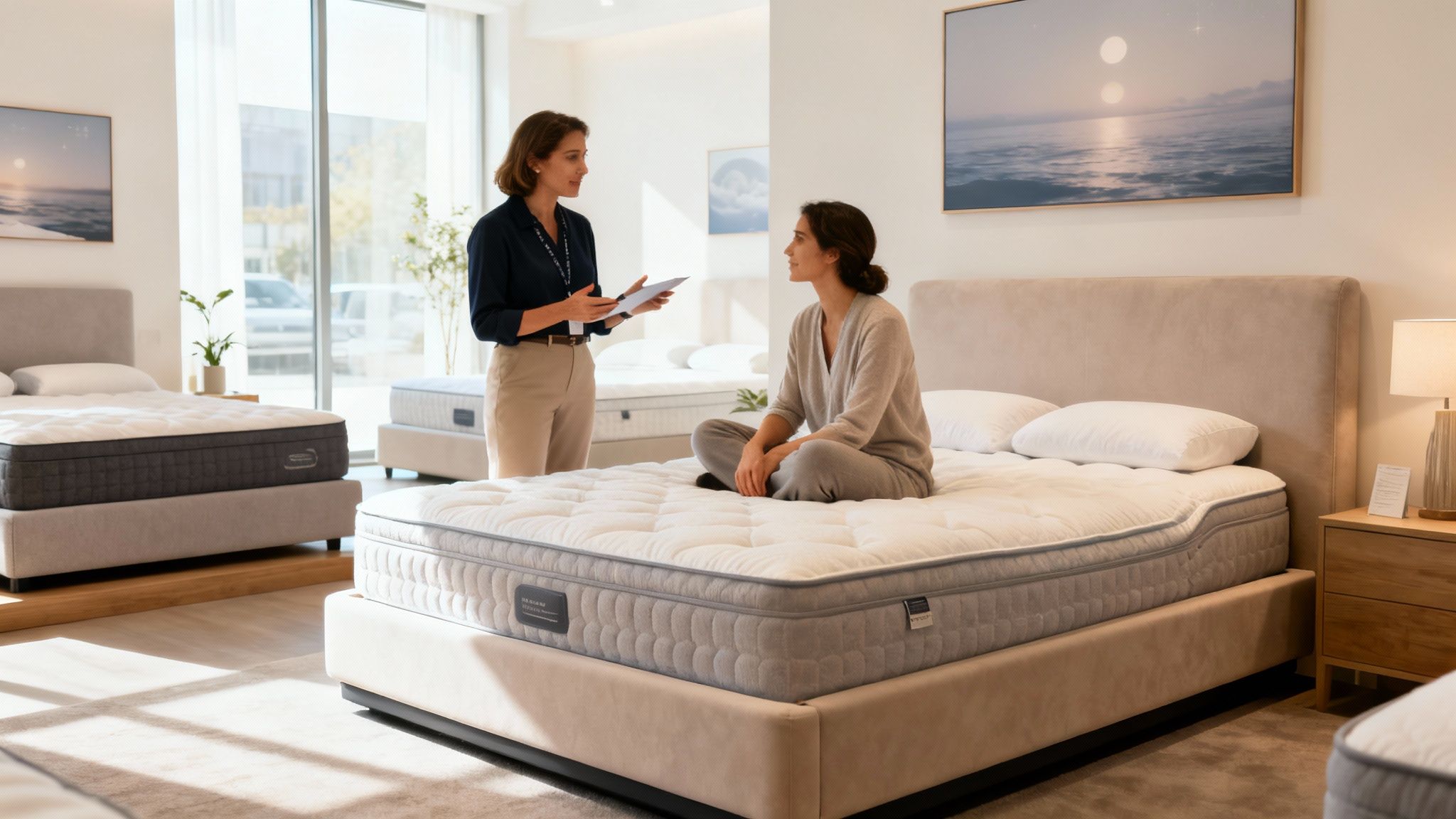 A sales associate discusses mattresses with a customer sitting on a bed in a bright showroom.