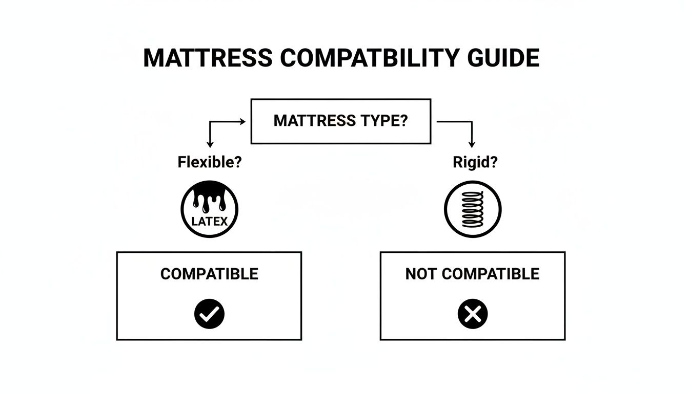 Diagram explaining mattress compatibility for different types: flexible latex is compatible, rigid springs are not.