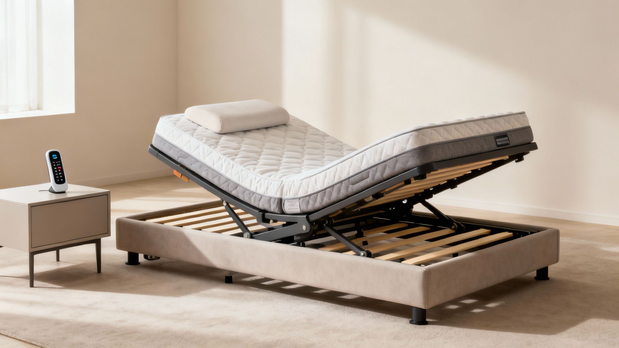 A modern adjustable bed with a white mattress and pillow is elevated, with a remote control on a nightstand.