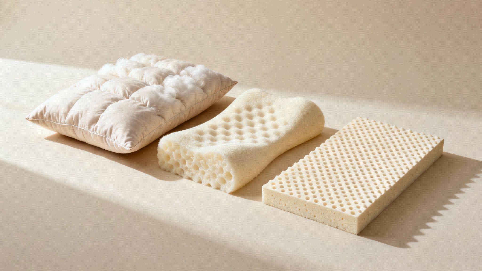 Different pillow types and materials, including a cotton-filled pillow and two latex foam products.