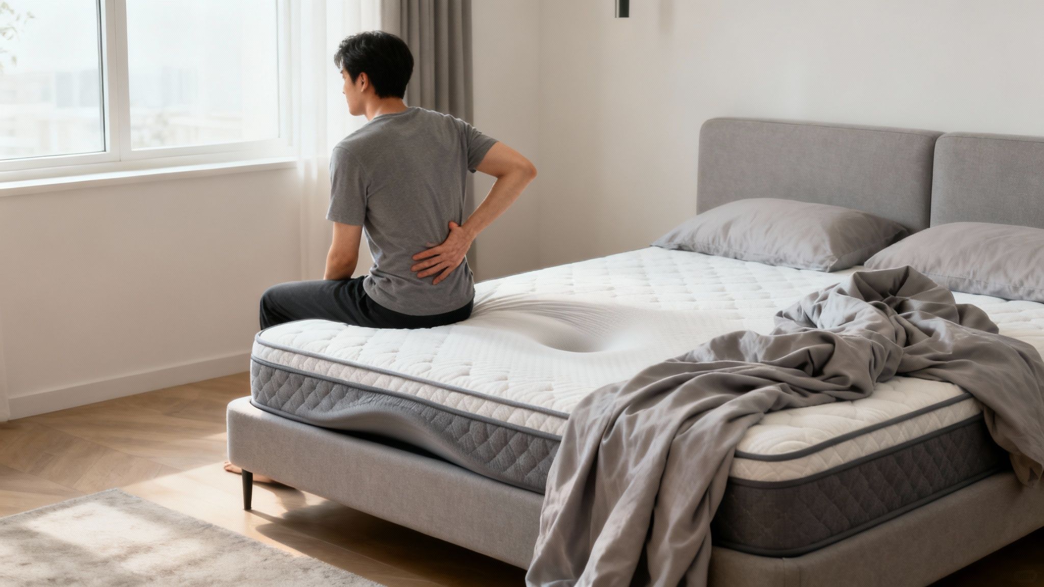 A man on a new mattress, looking out a window, clutching his lower back in pain.