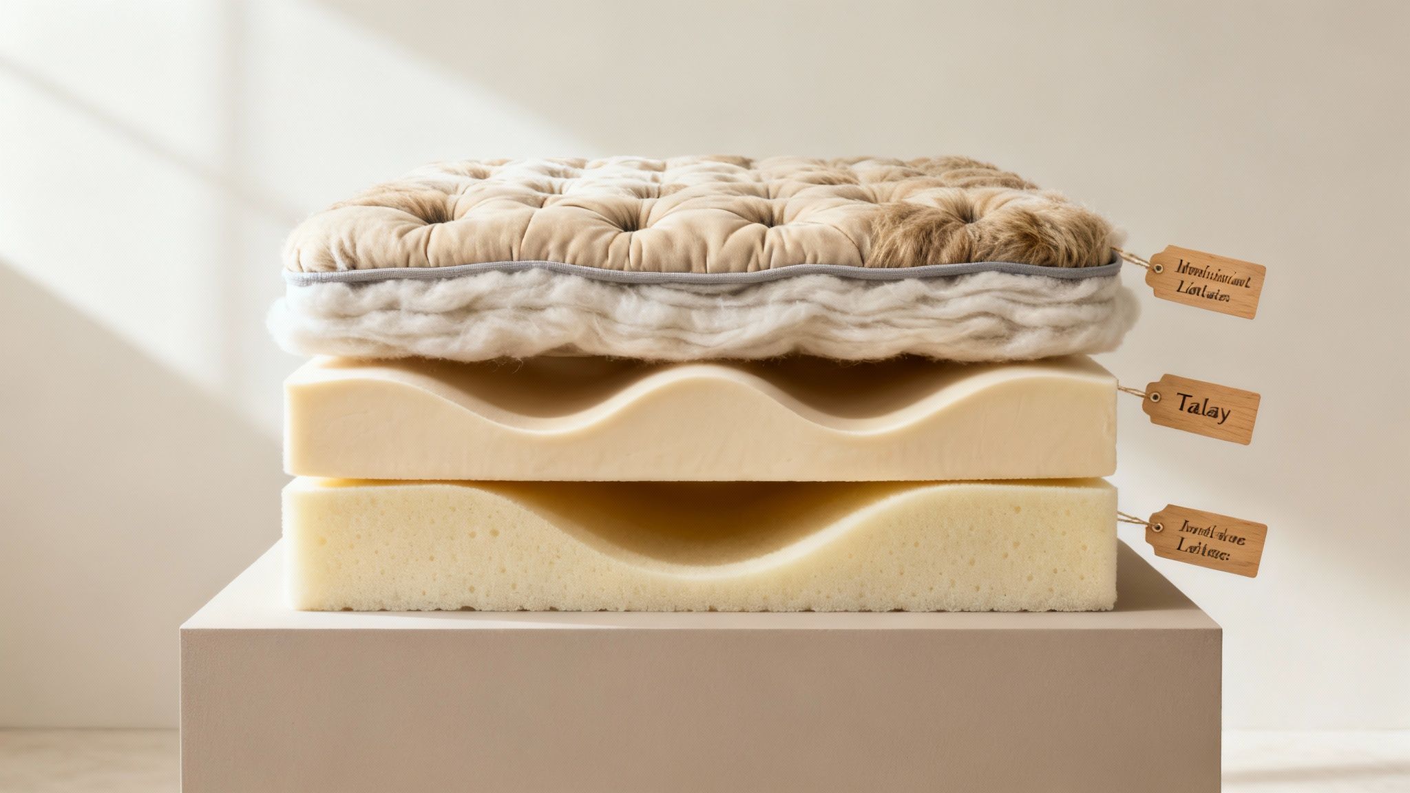 Detailed cutaway view of a mattress, showing layers of Merino wool, Talalay, and Dunlop latex foams.
