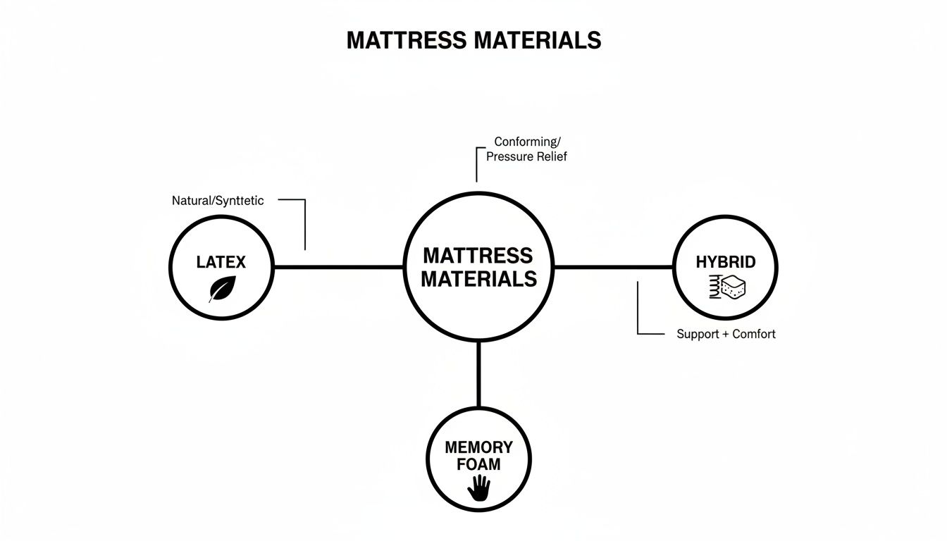 Diagram illustrating mattress materials like latex, memory foam, and hybrid, with their key features.