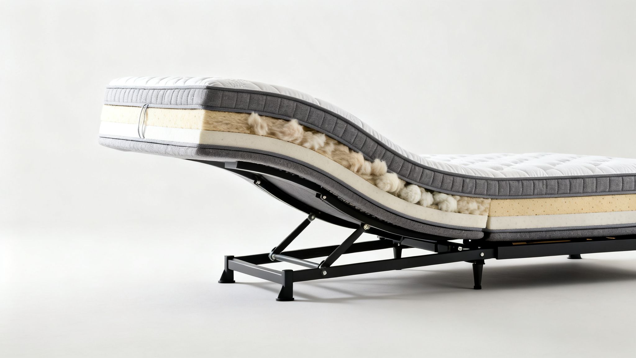 Cutaway view of an adjustable bed mattress revealing layers of foam and natural fibers on an adjustable frame.