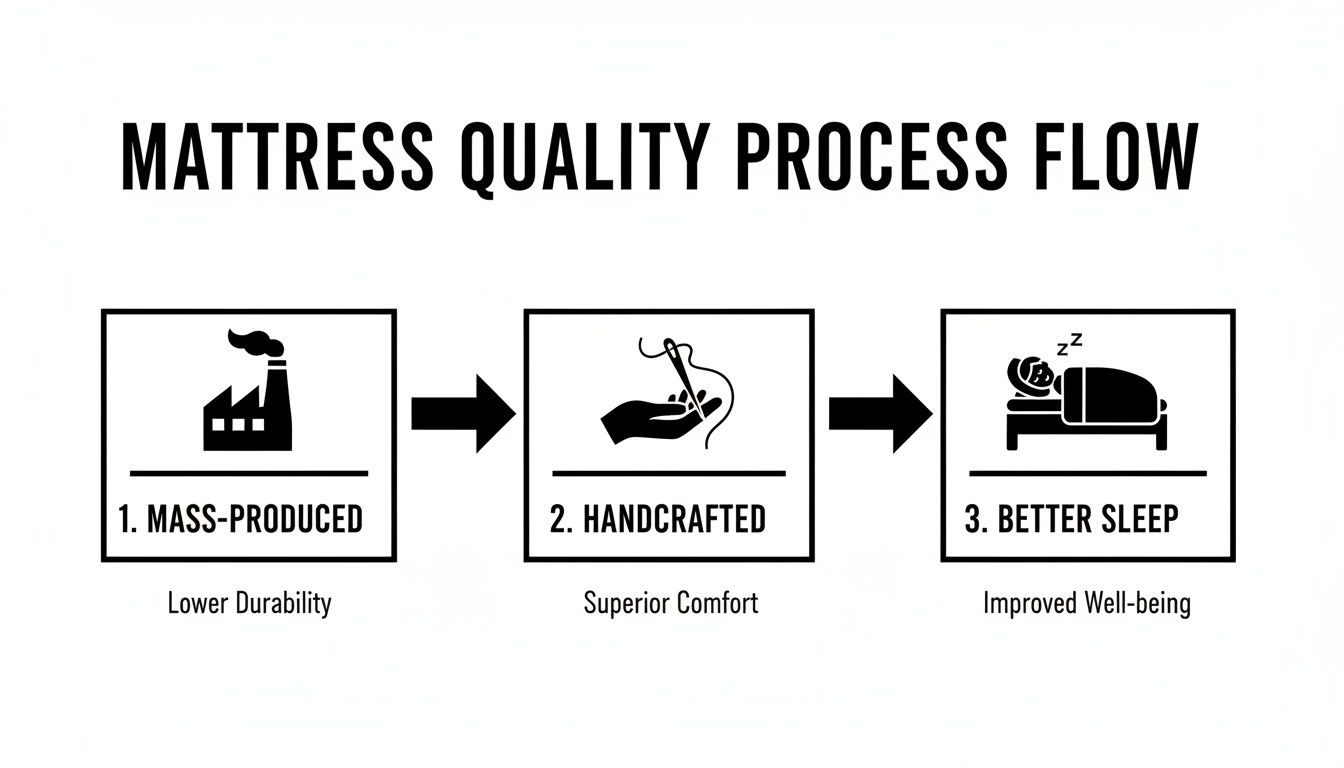Flow chart illustrating the mattress quality process from mass-produced to handcrafted for better sleep.