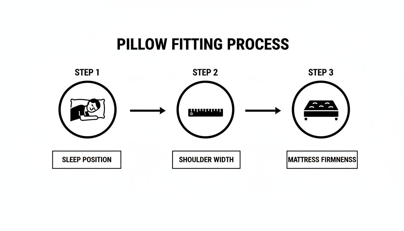 Infographic illustrating the pillow fitting process, detailing sleep position, shoulder width, and mattress firmness.