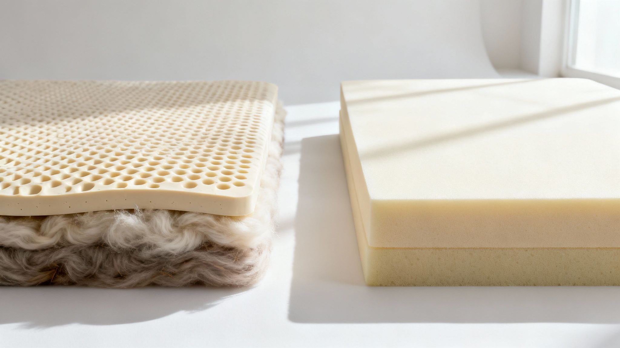 Natural and synthetic mattress materials, showing perforated latex, wool batting, and foam layers.