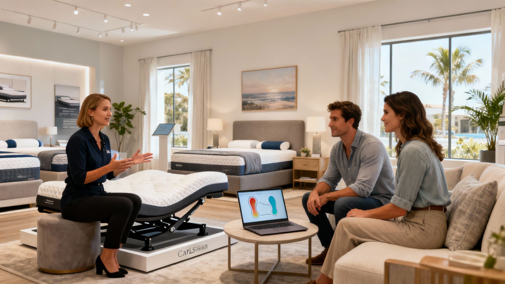 A woman lies on an adjustable bed in a modern, luxurious bedroom, experiencing its comfort.