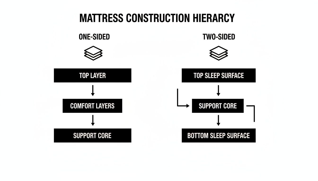 A diagram illustrates the hierarchical construction of one-sided and two-sided mattresses with their distinct layers.