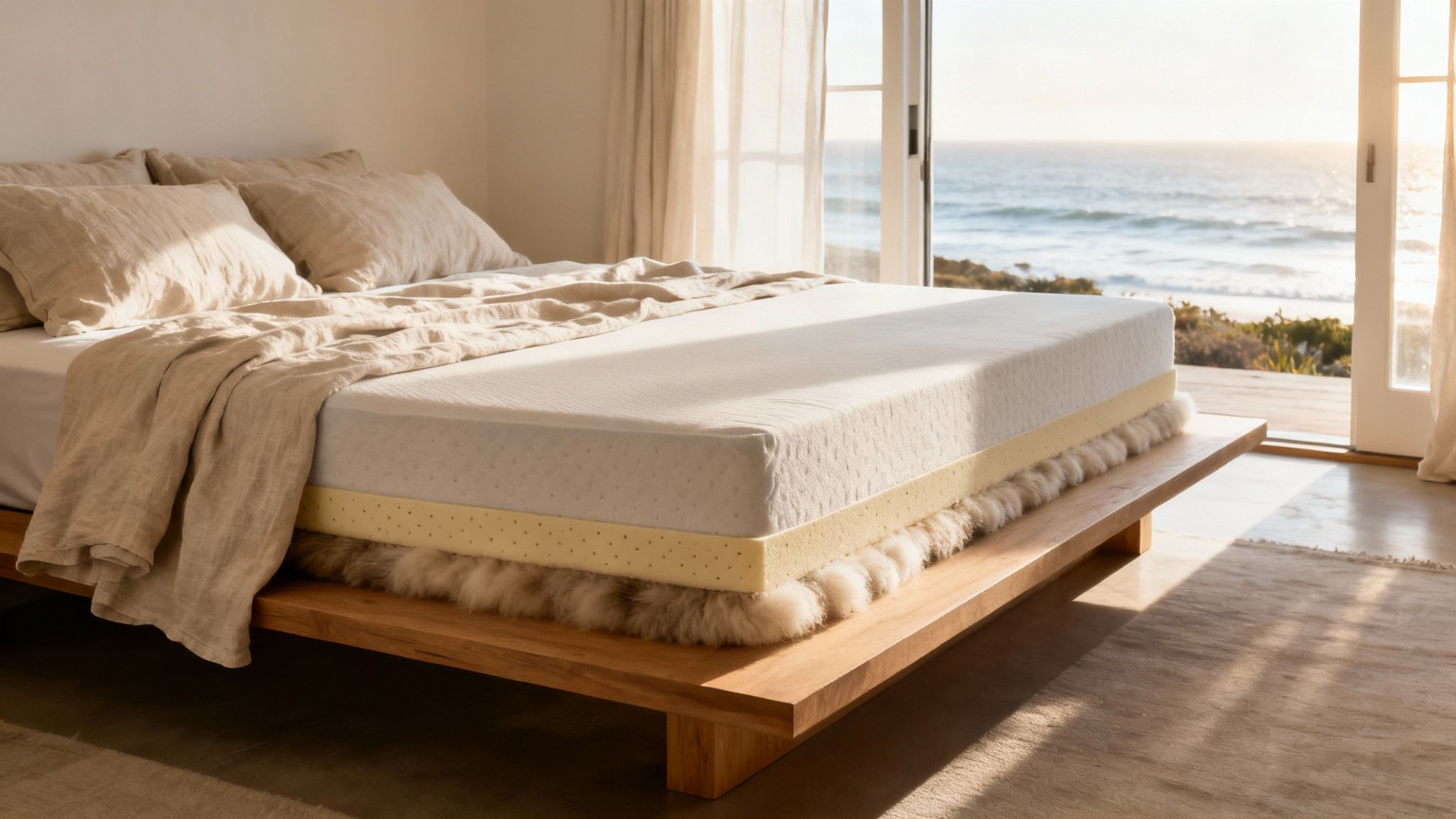 A comfortable bed with a deconstructed mattress showing layers, beside a window with an ocean view.