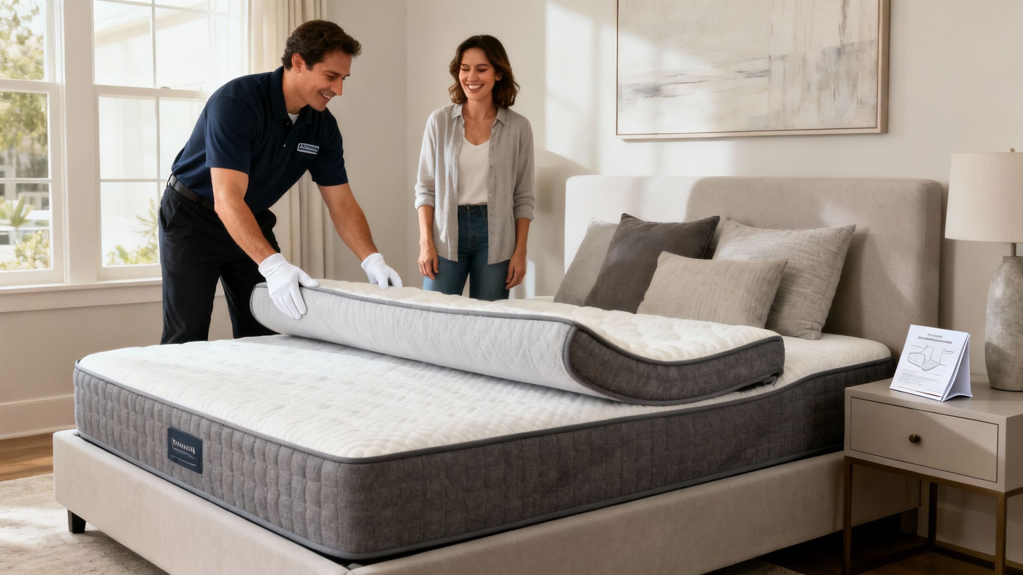 A uniformed person helps a smiling woman set up a two-sided mattress in a modern bedroom.