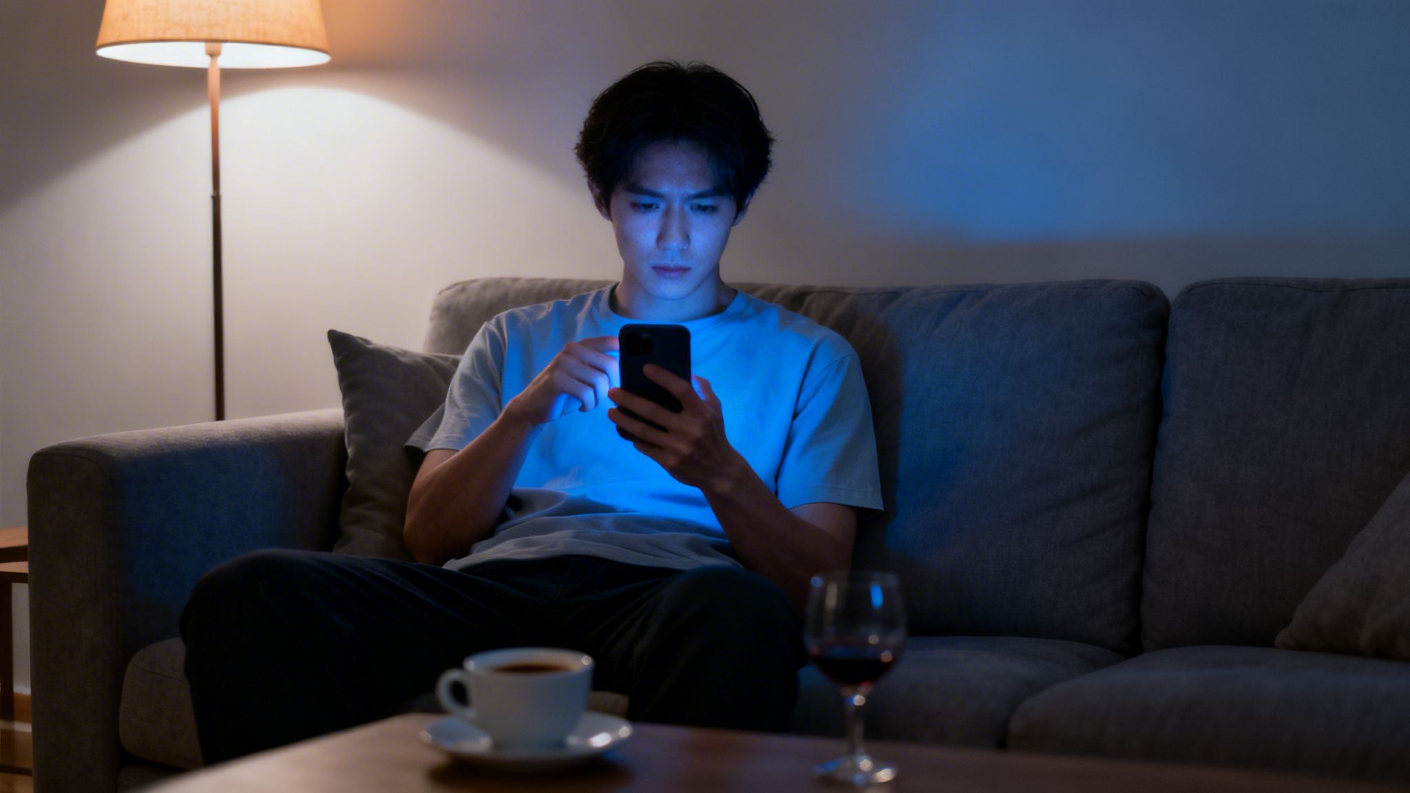 A man on a couch at night, lit by his phone, with coffee and wine.