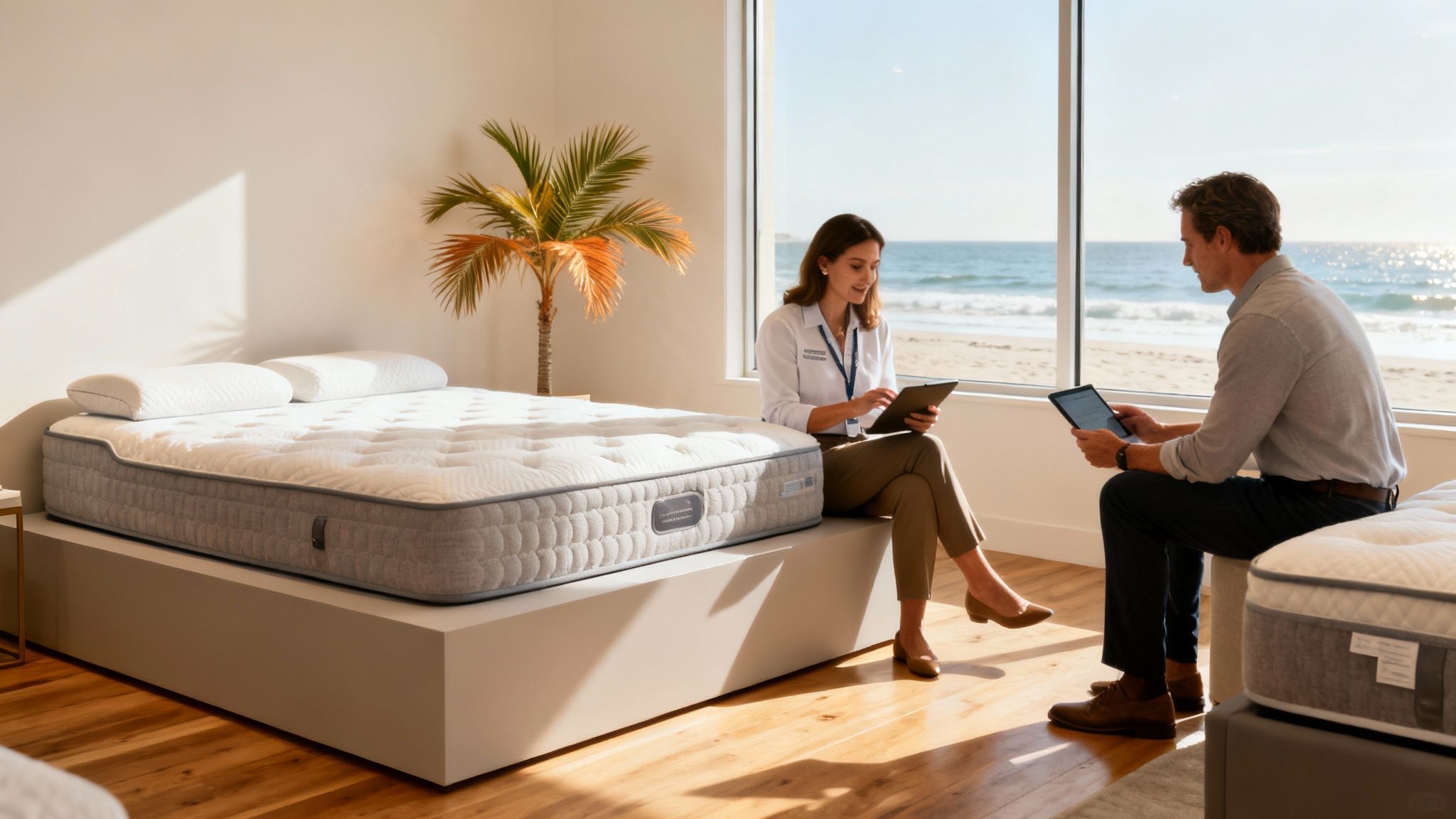 Certified Sleep Coach assisting a client in the Golden dreams Mattress showroom in Carlsbad, CA.