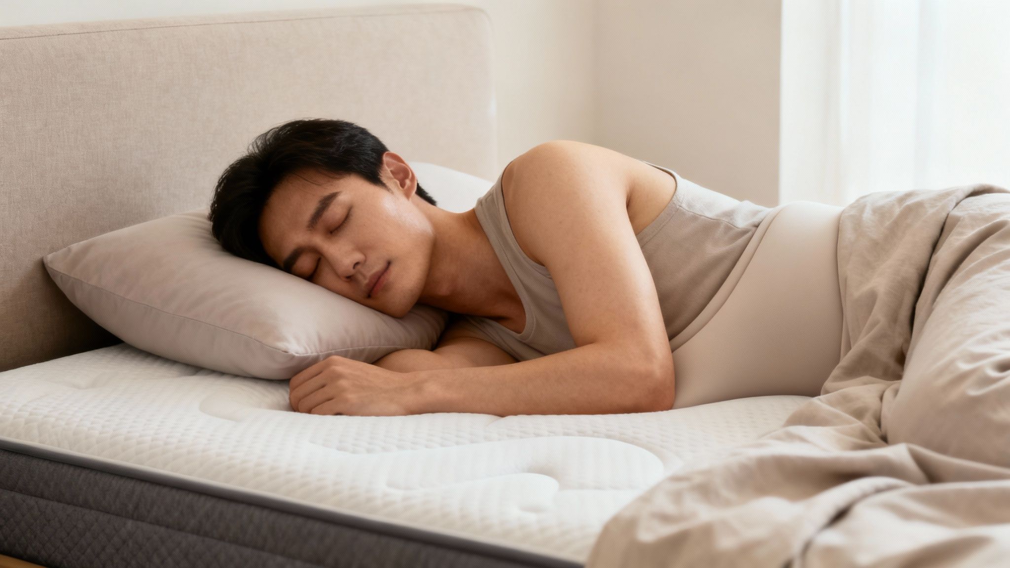 A man enjoys deep, restful sleep on a premium pressure relief mattress and pillow.