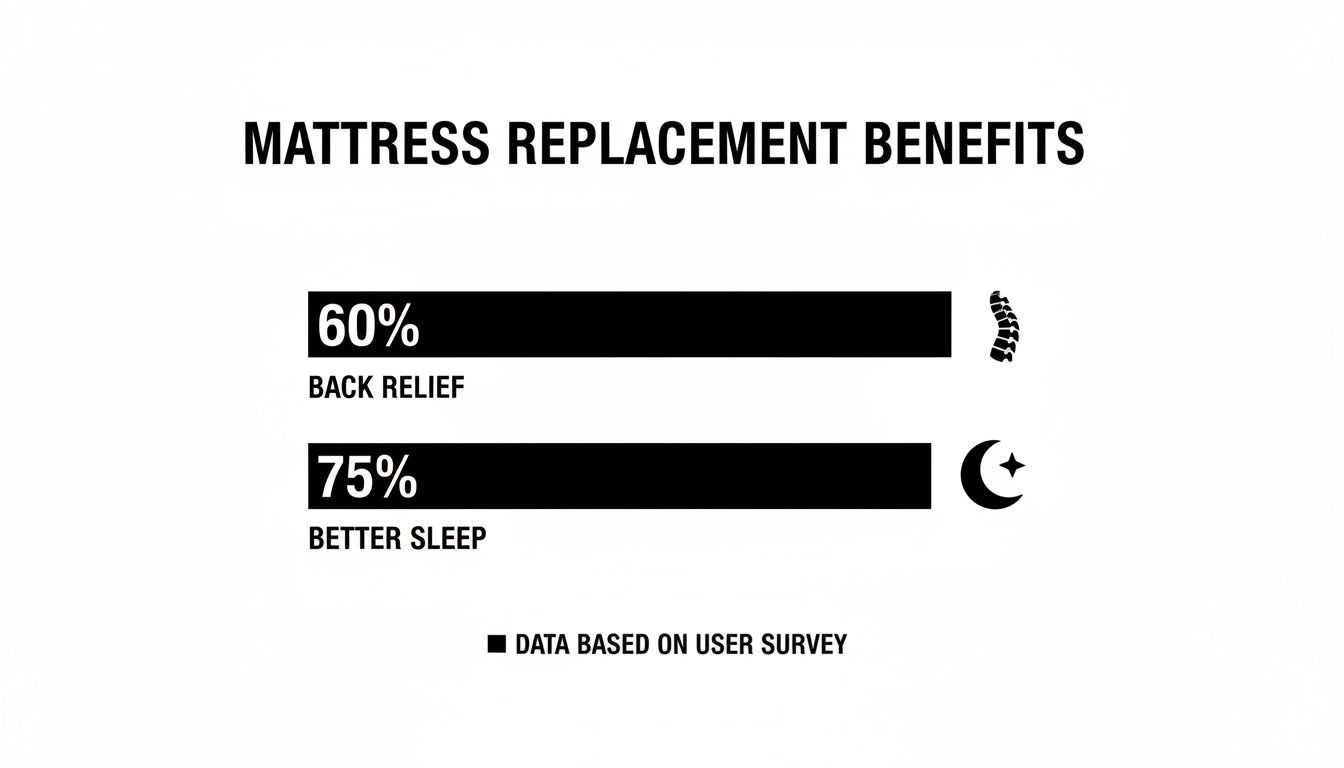 Infographic details mattress replacement benefits: 60% back relief and 75% better sleep, from user survey.