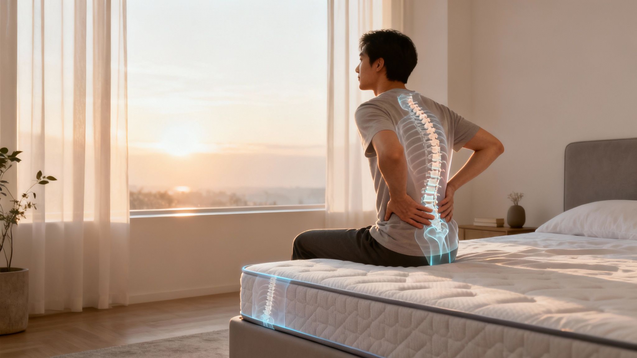 A man with back pain sitting on a mattress, with an illuminated spine overlay, symbolizing support.