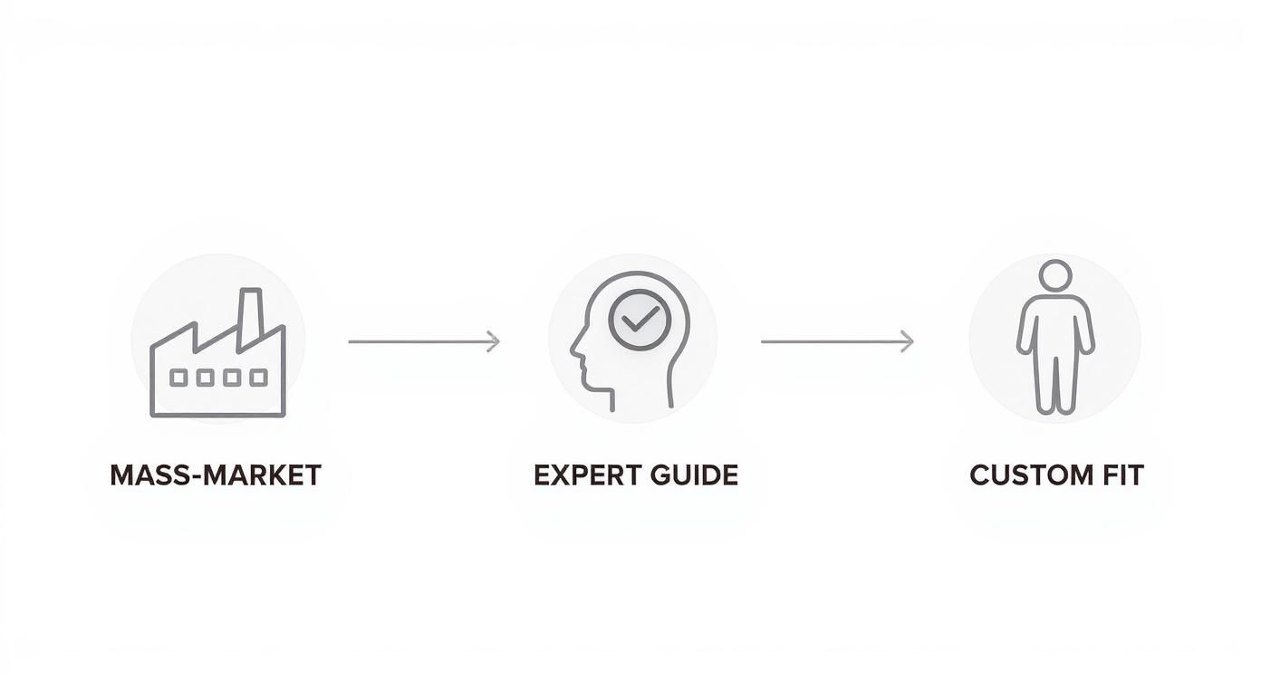 Manufacturing process diagram showing progression from mass-market factory to expert guidance to custom fit person