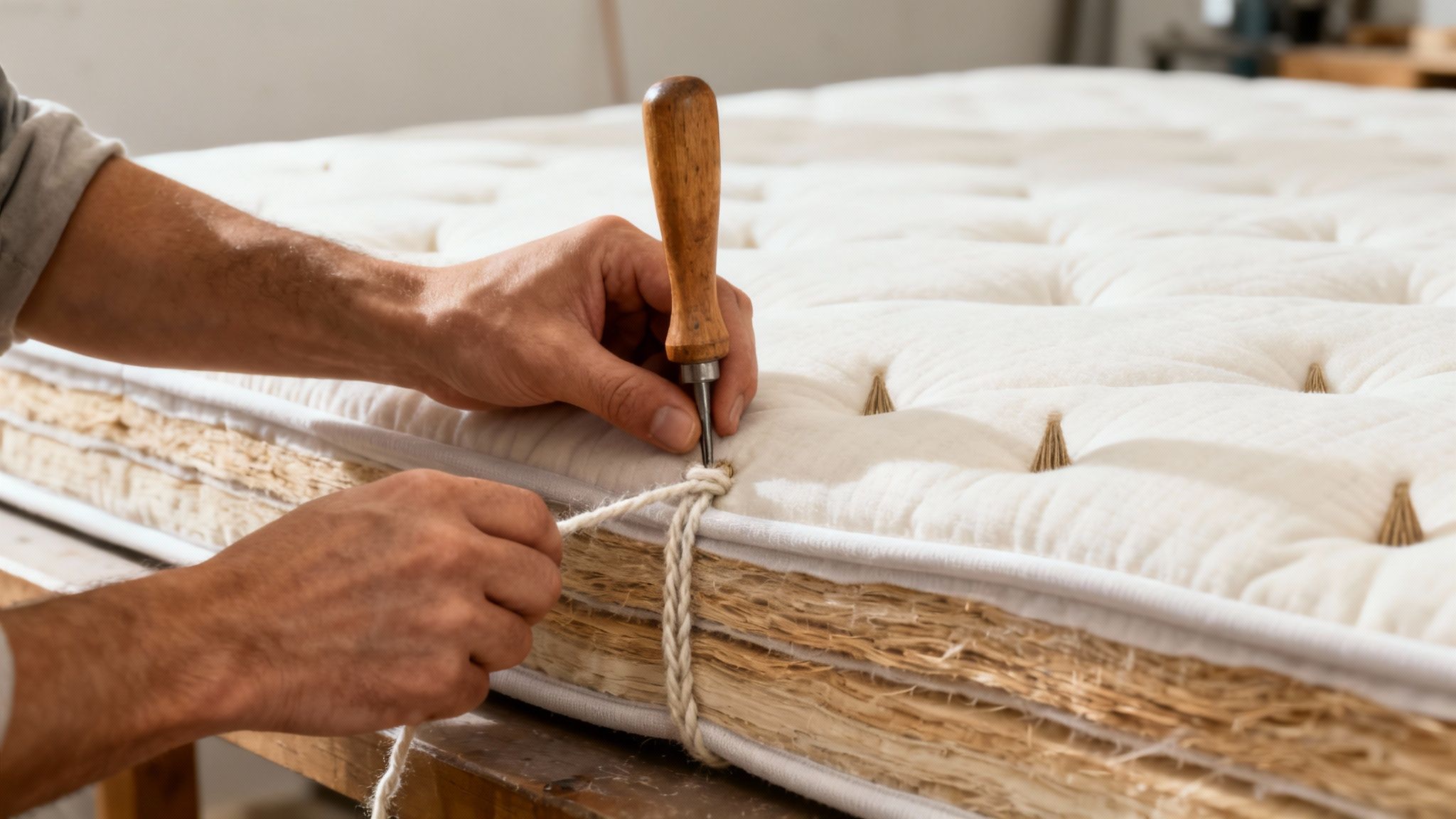 Close-up of hand-tufting on a luxury eco-friendly mattress