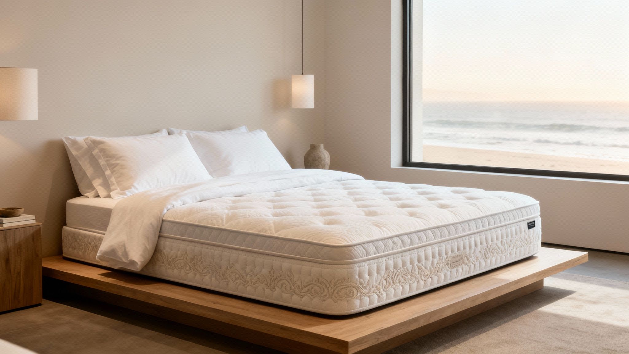 A luxurious bedroom features a large bed with a patterned mattress, white bedding, and an ocean view.