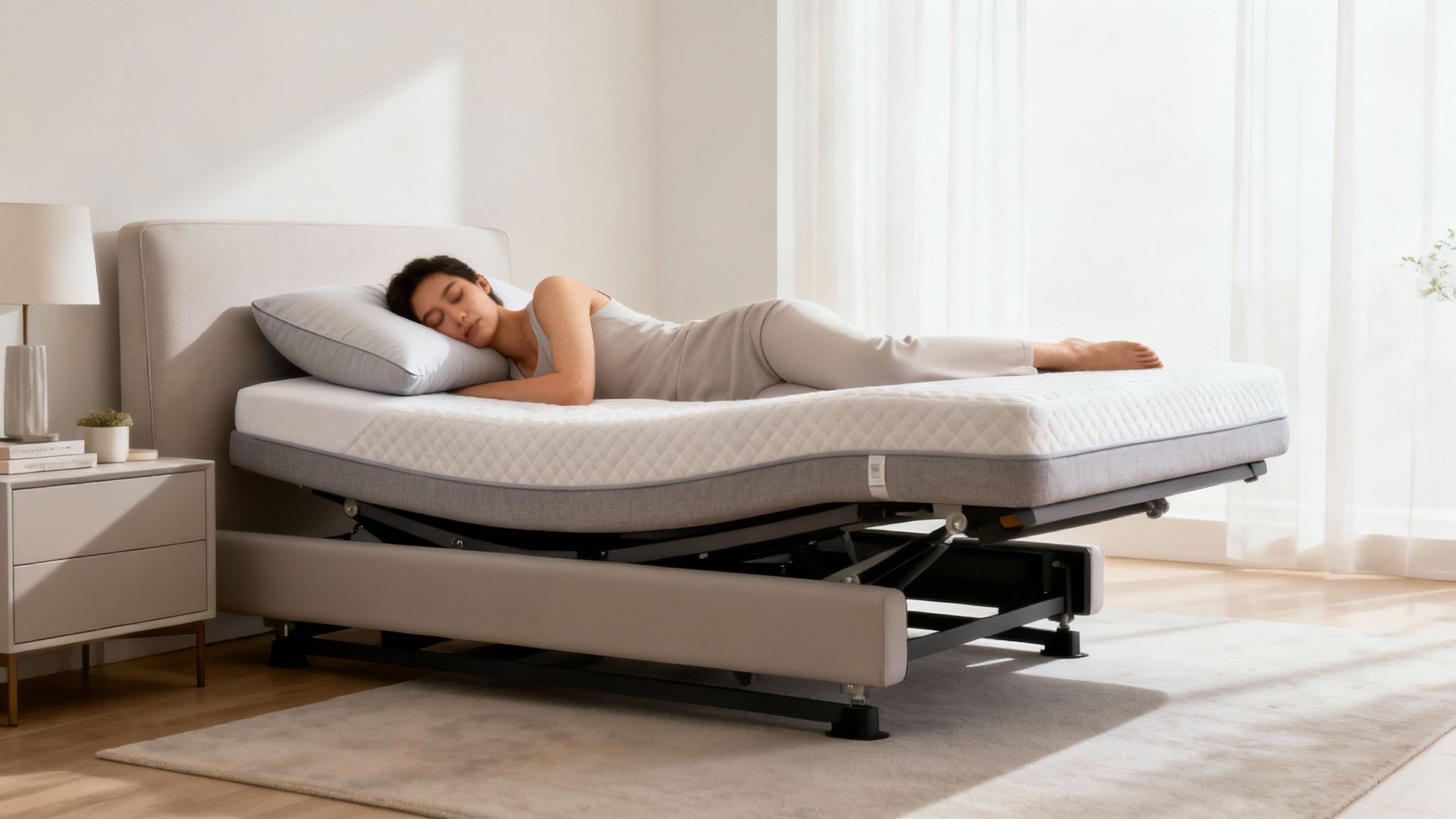A woman sleeps peacefully on her side on a modern adjustable bed with a gray and white mattress.