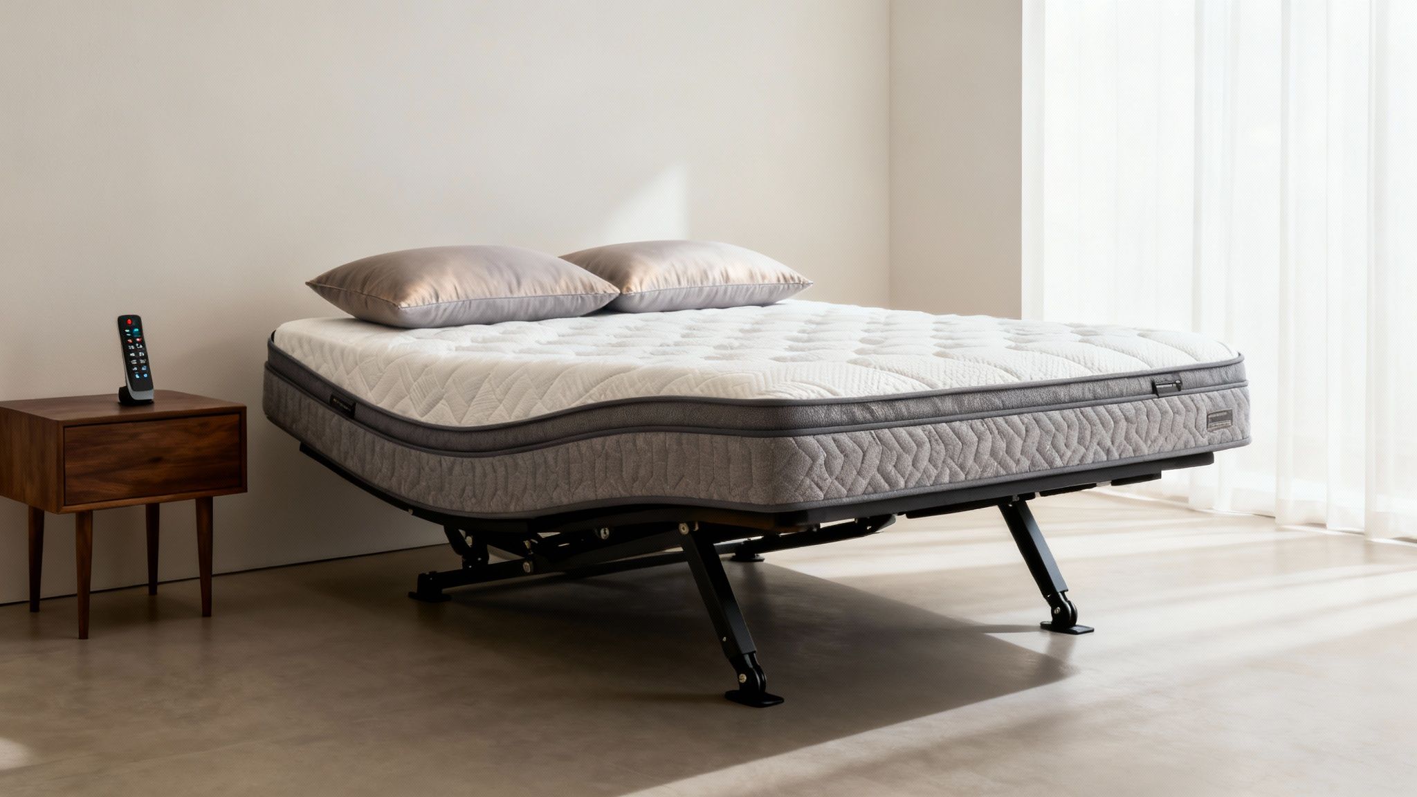 Modern adjustable bed with a white mattress and pillows, a nightstand with a remote.