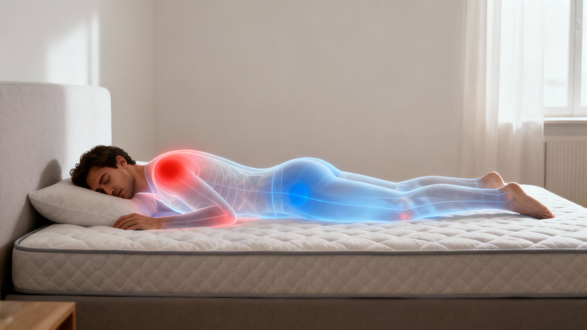 Man sleeping on side on a mattress with red shoulder and blue hip pressure points highlighted.