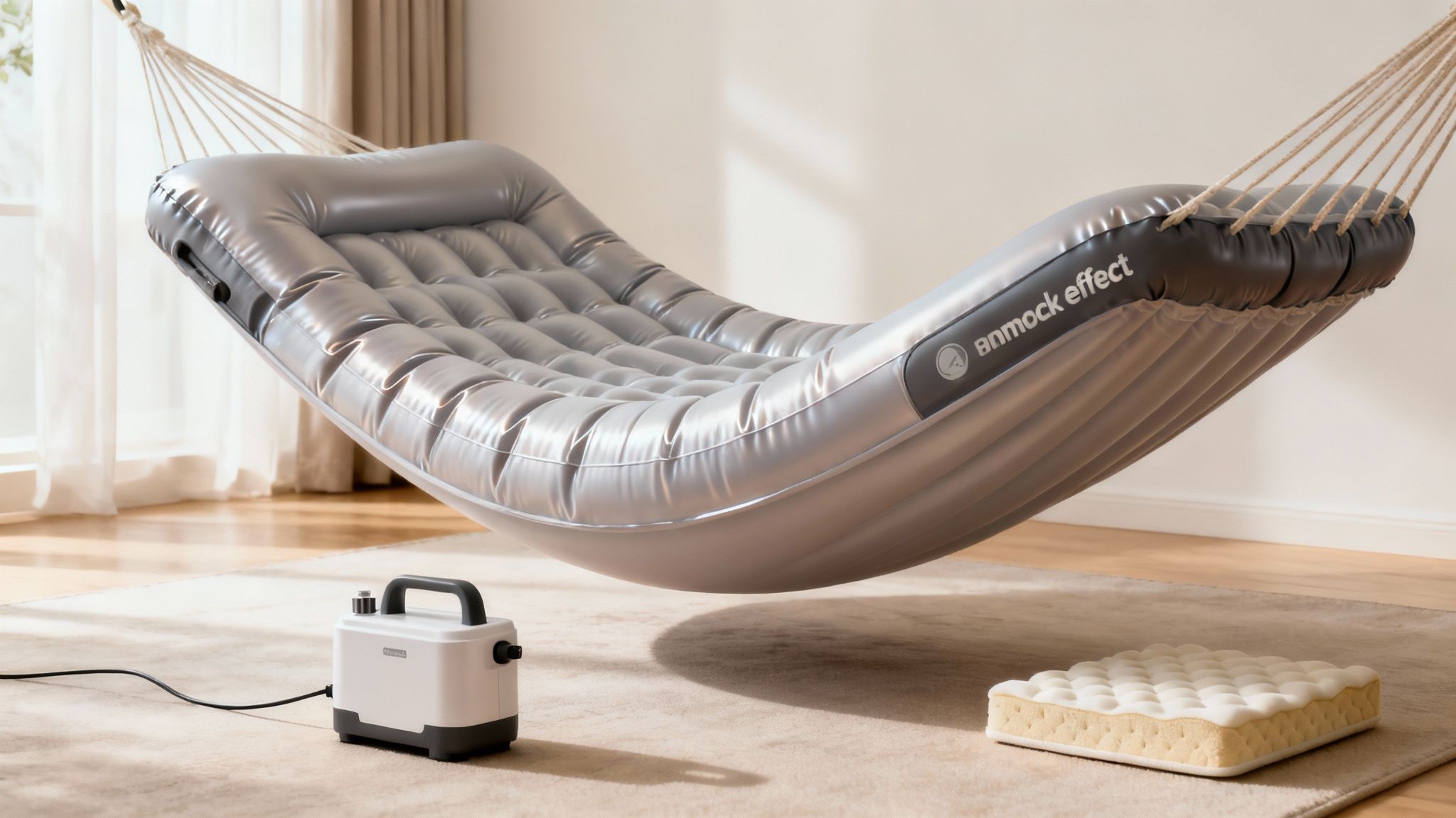 A grey inflatable hammock hangs indoors, with an air pump and a small mattress sample on the carpet.