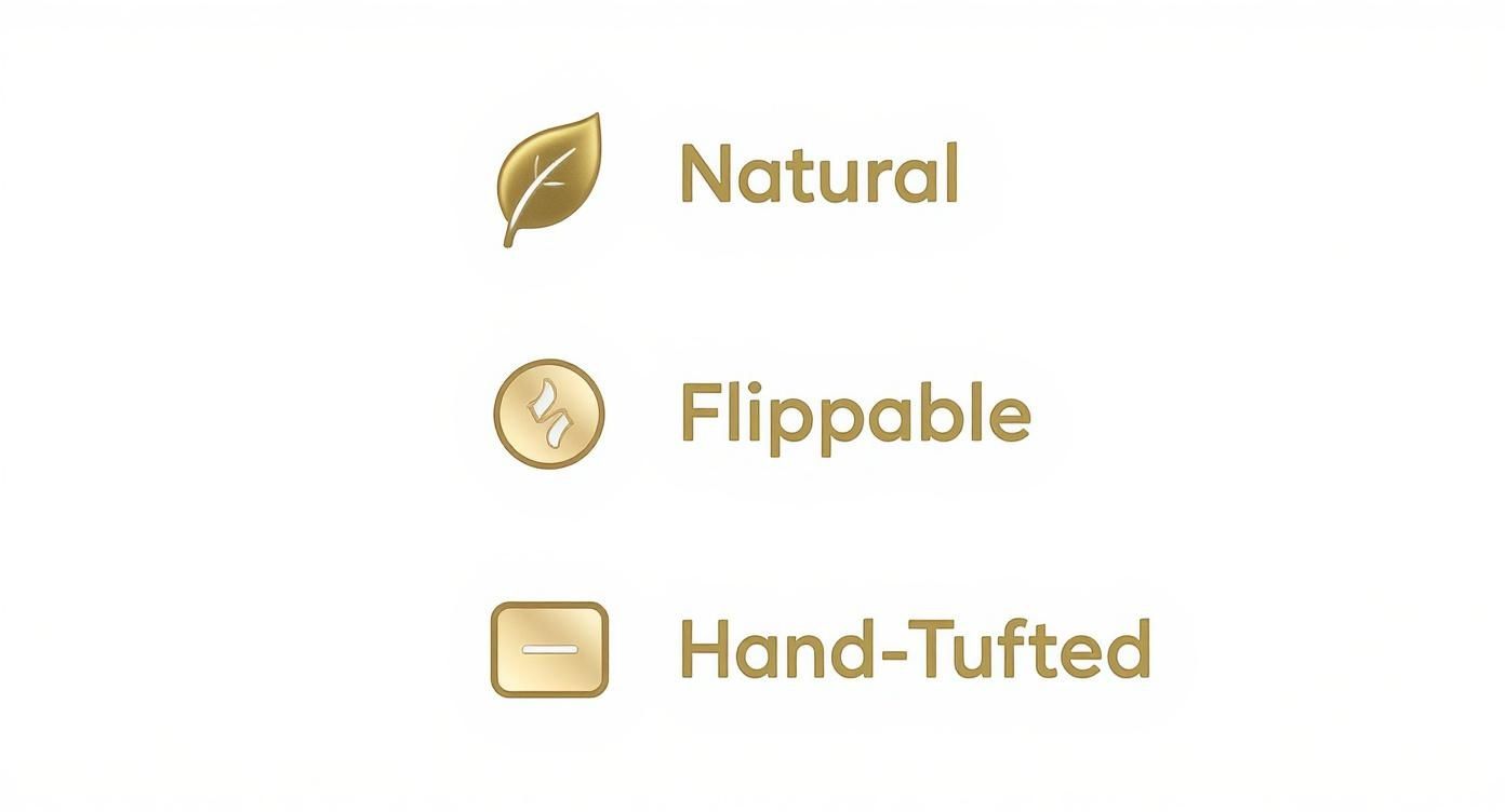 An infographic checklist for a luxury mattress showing icons for Natural materials, a Flippable design, and Hand-Tufting.