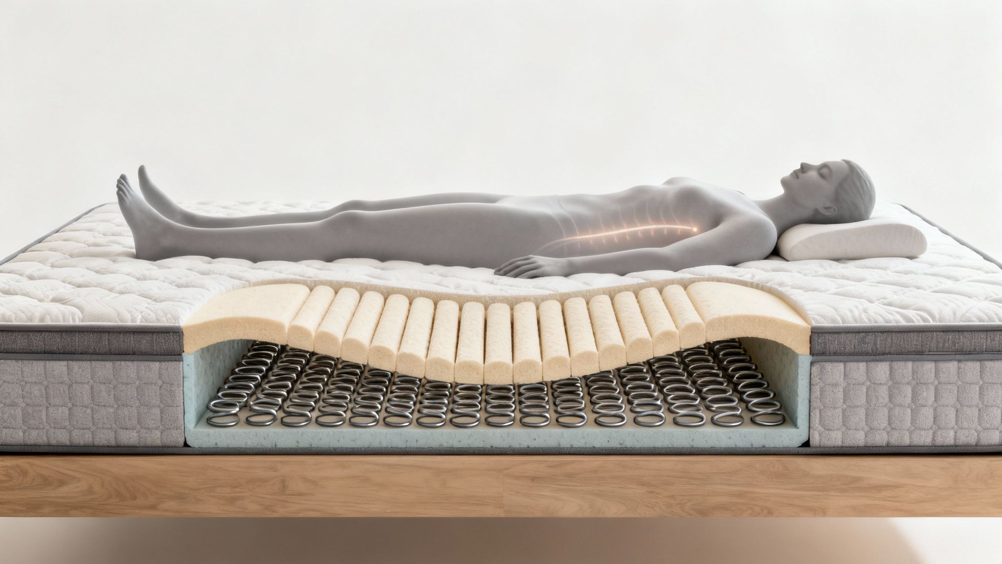 Detailed cross-section of a pocket spring mattress supporting a person's aligned spine.