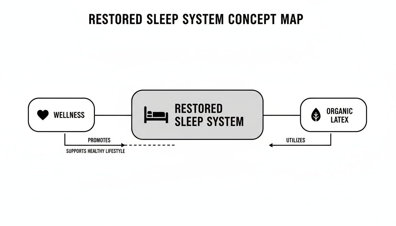 A concept map illustrating how a restored sleep system promotes wellness and utilizes organic latex.