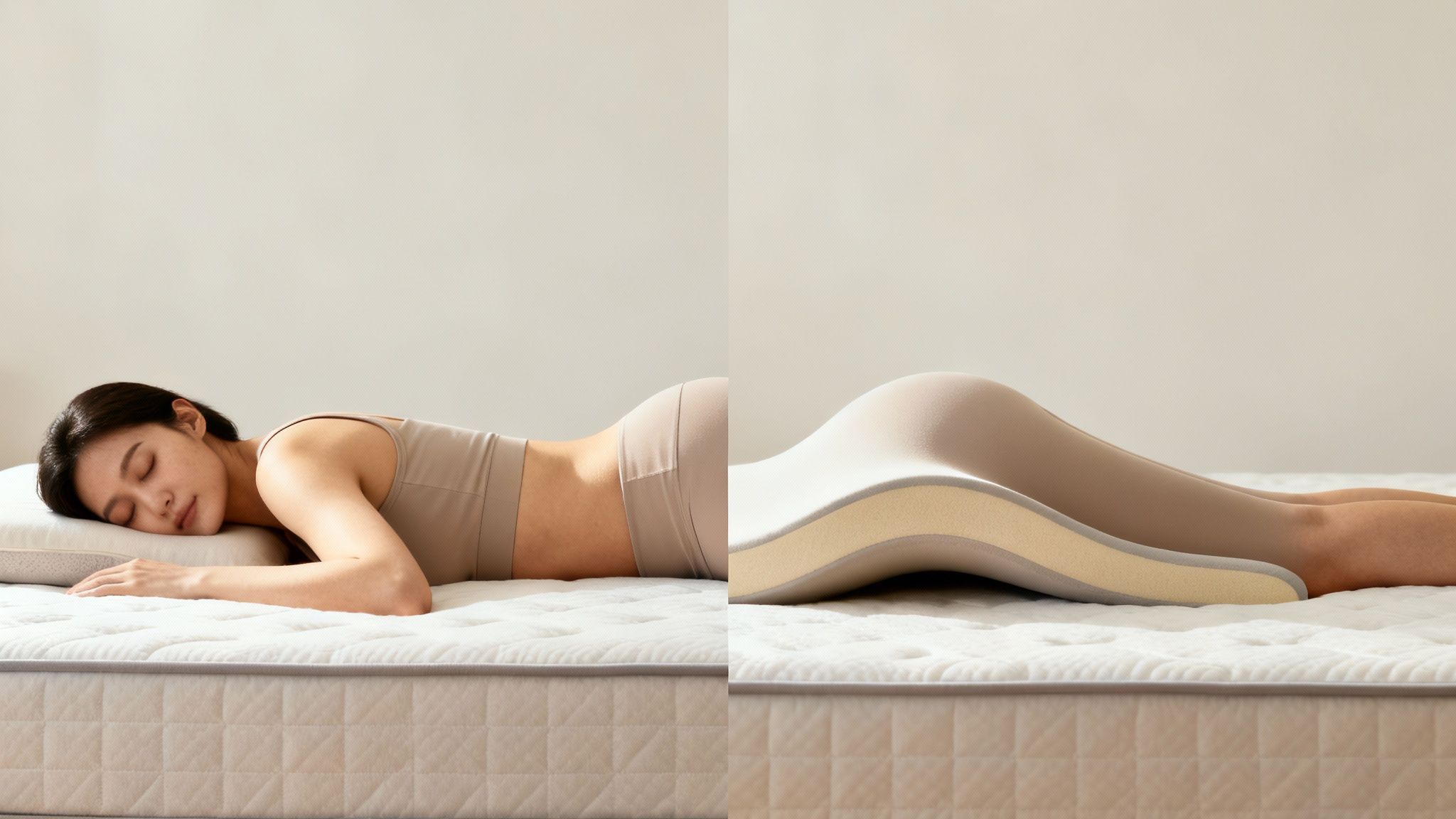 Optimal back support with an ergonomic pillow and mattress for restful side sleeping.