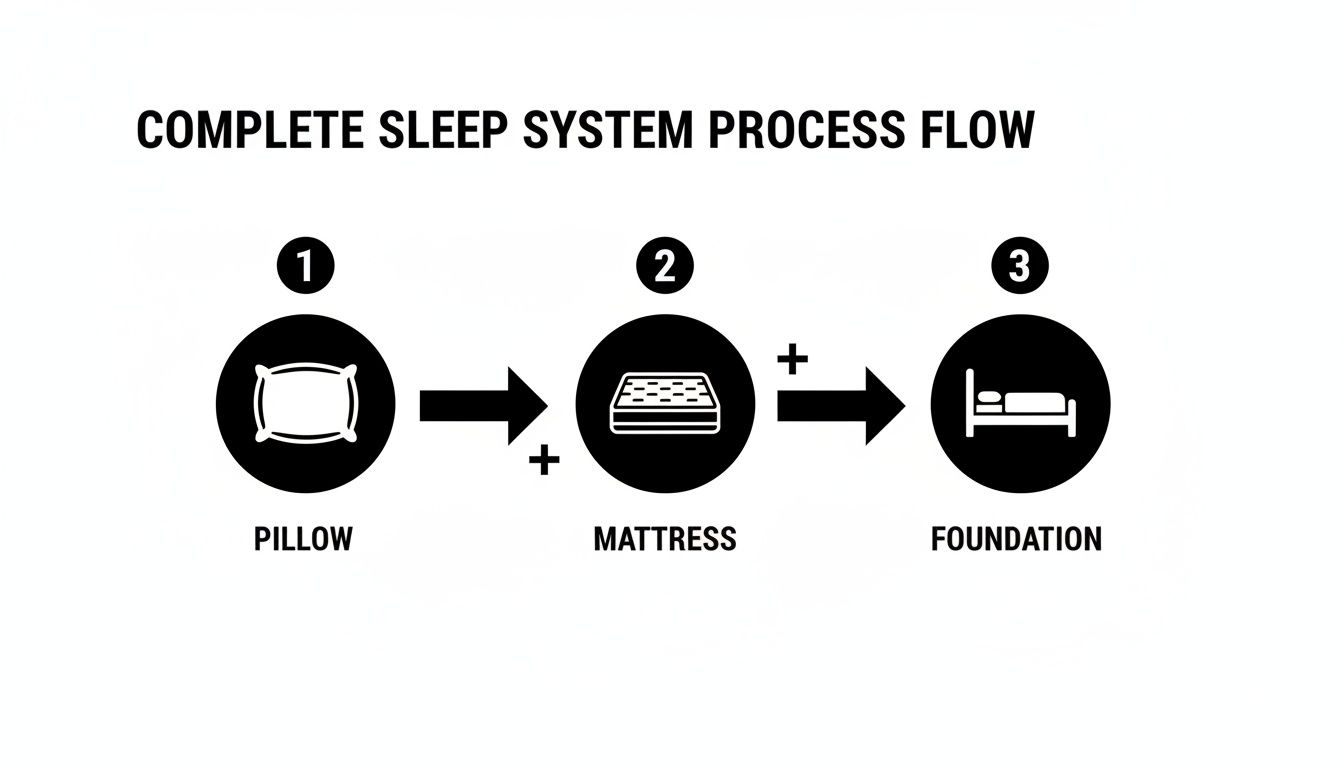 Process flow diagram illustrating the complete sleep system components: Pillow, Mattress, and Foundation.