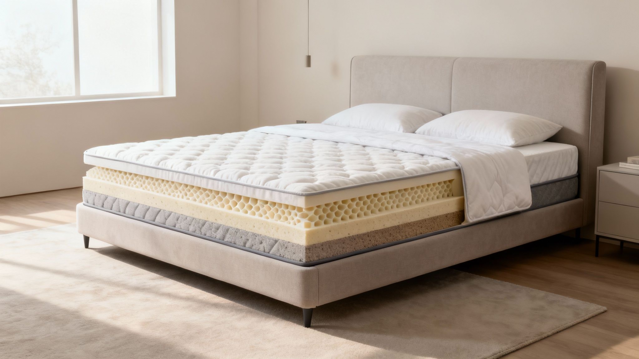 Cutaway view of a modern hybrid mattress revealing its various comfort and support layers.