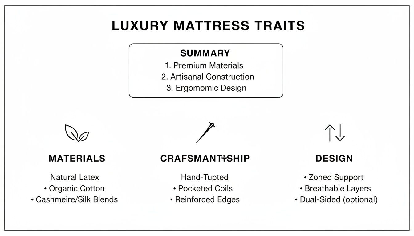 Infographic outlining luxury mattress traits: premium materials, artisanal construction, and ergonomic design.