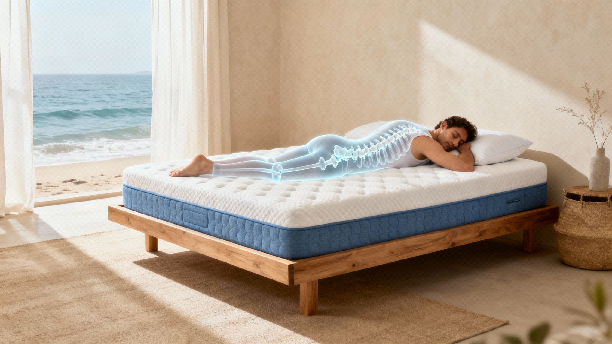 A person waking up refreshed and stretching in bed, signifying relief from back pain.