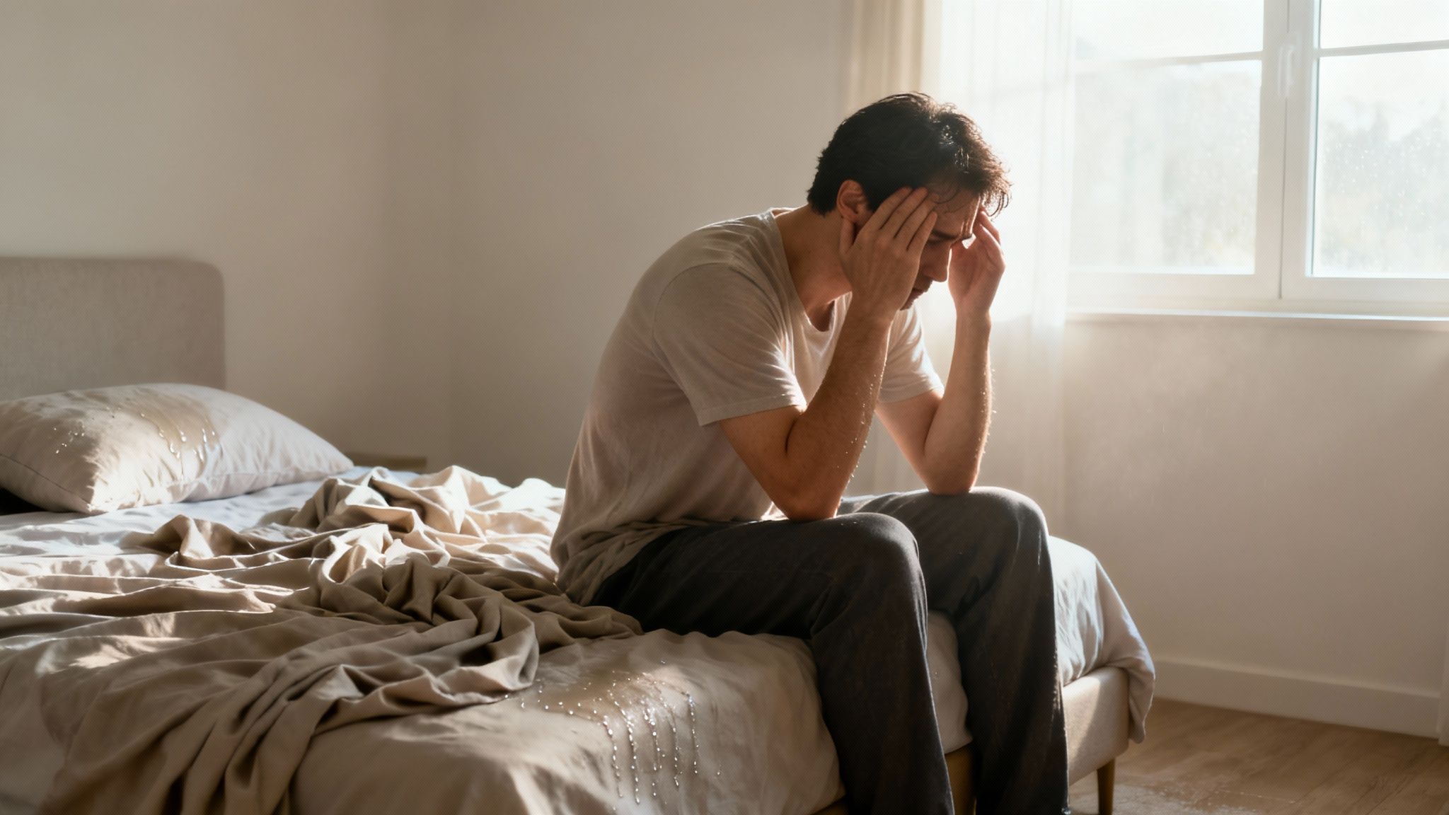 A distressed man sits on a damp bed, holding his head, likely due to night sweats.