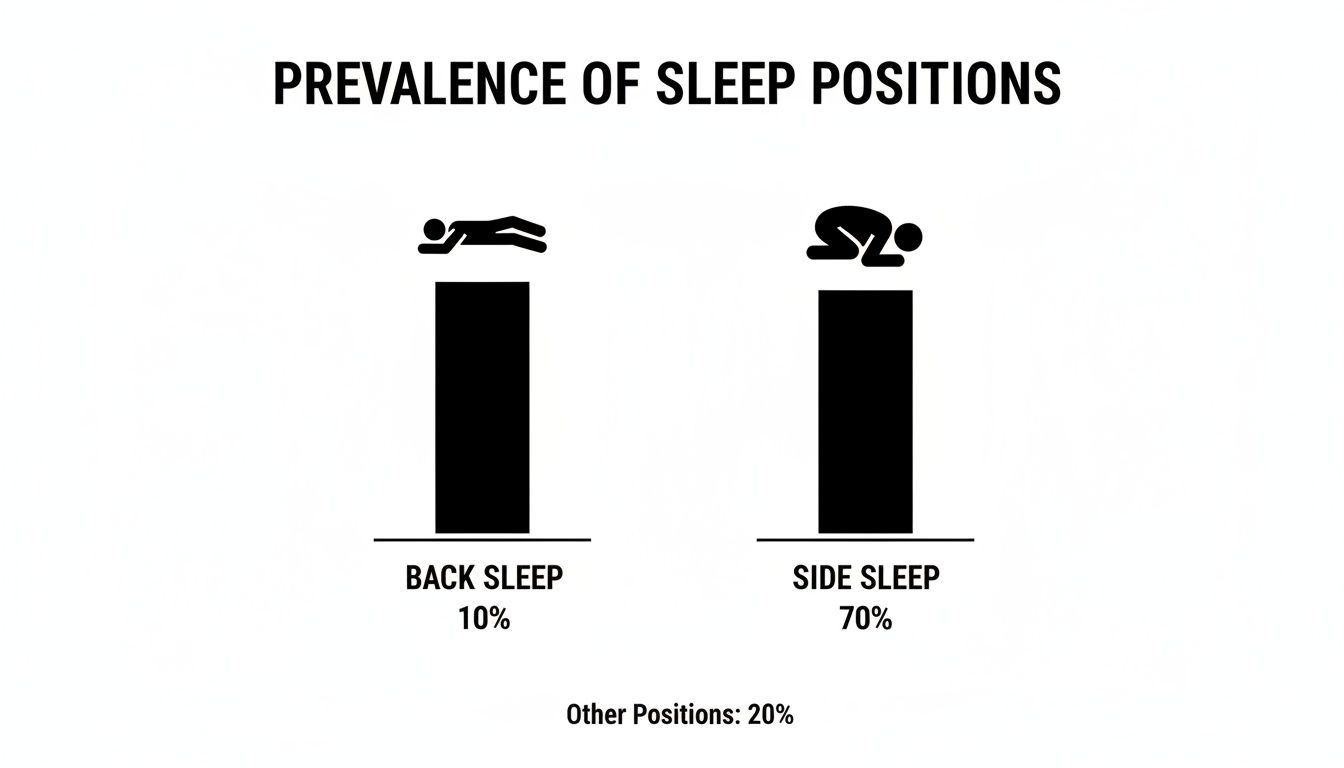 Infographic showing sleep position prevalence: 10% back sleep, 70% side sleep, and 20% other positions.