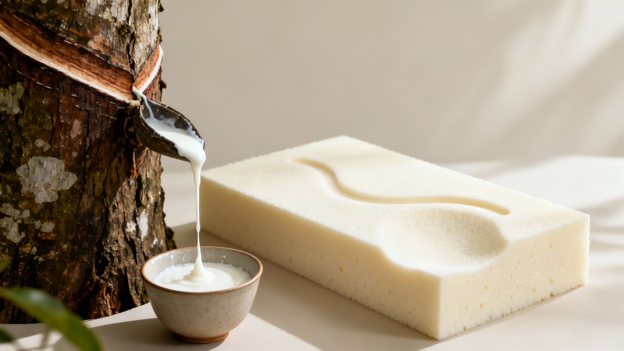 Natural latex dripping from a rubber tree into a bowl, next to a block of natural latex foam.
