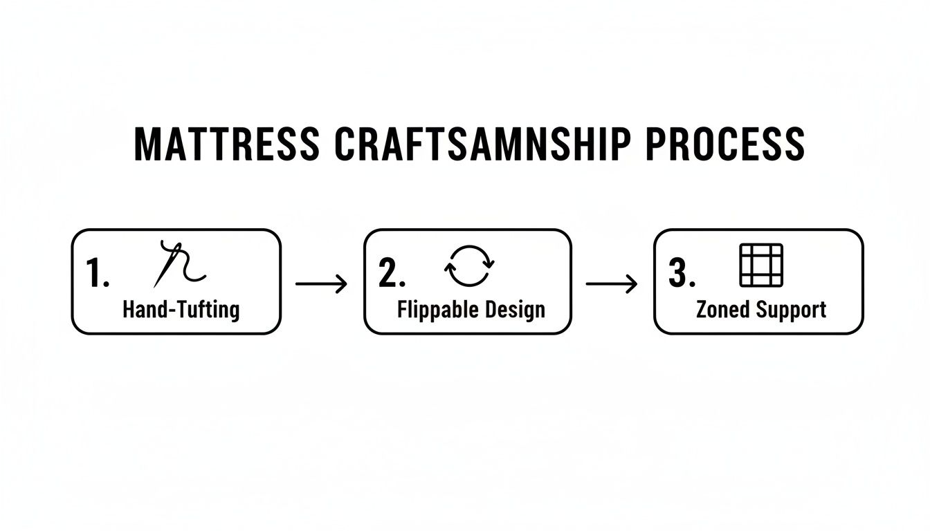 An infographic displaying the three-step mattress craftsmanship process: Hand-Tufting, Flippable Design, and Zoned Support.