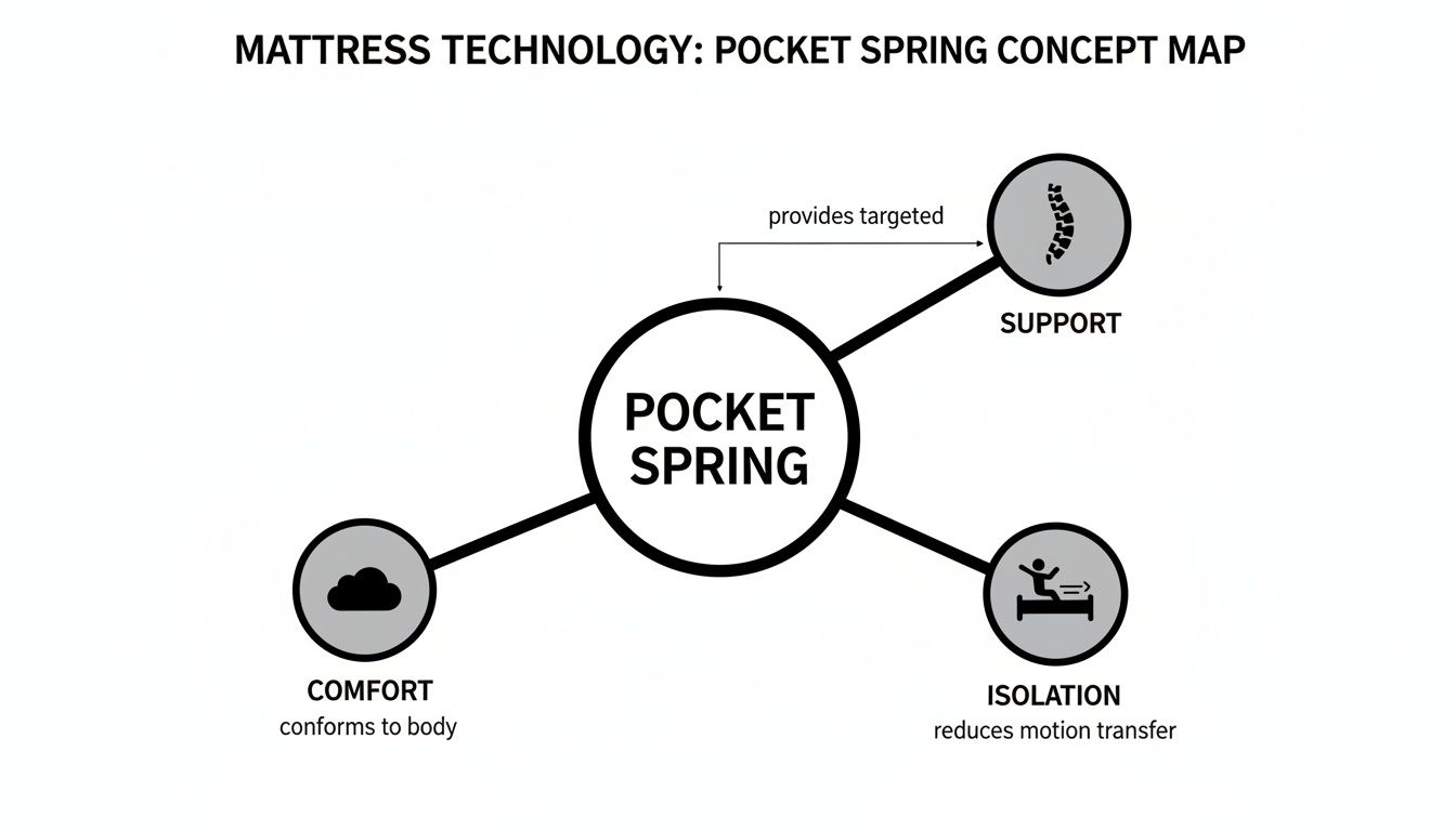 Concept map illustrating pocket spring mattress technology benefits: comfort, support, and motion isolation.