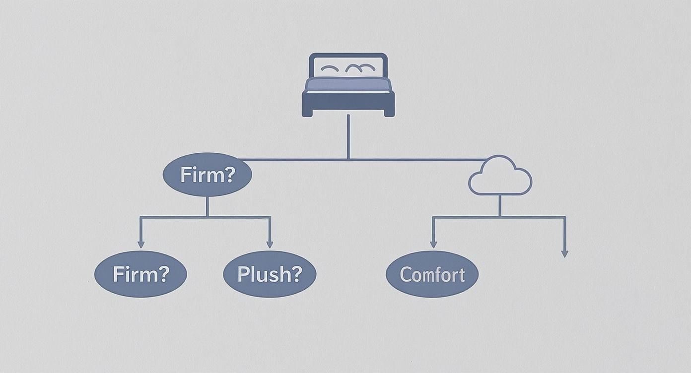 A flowchart diagram illustrates mattress choices, branching from a bed icon to firm, plush, and comfort options.