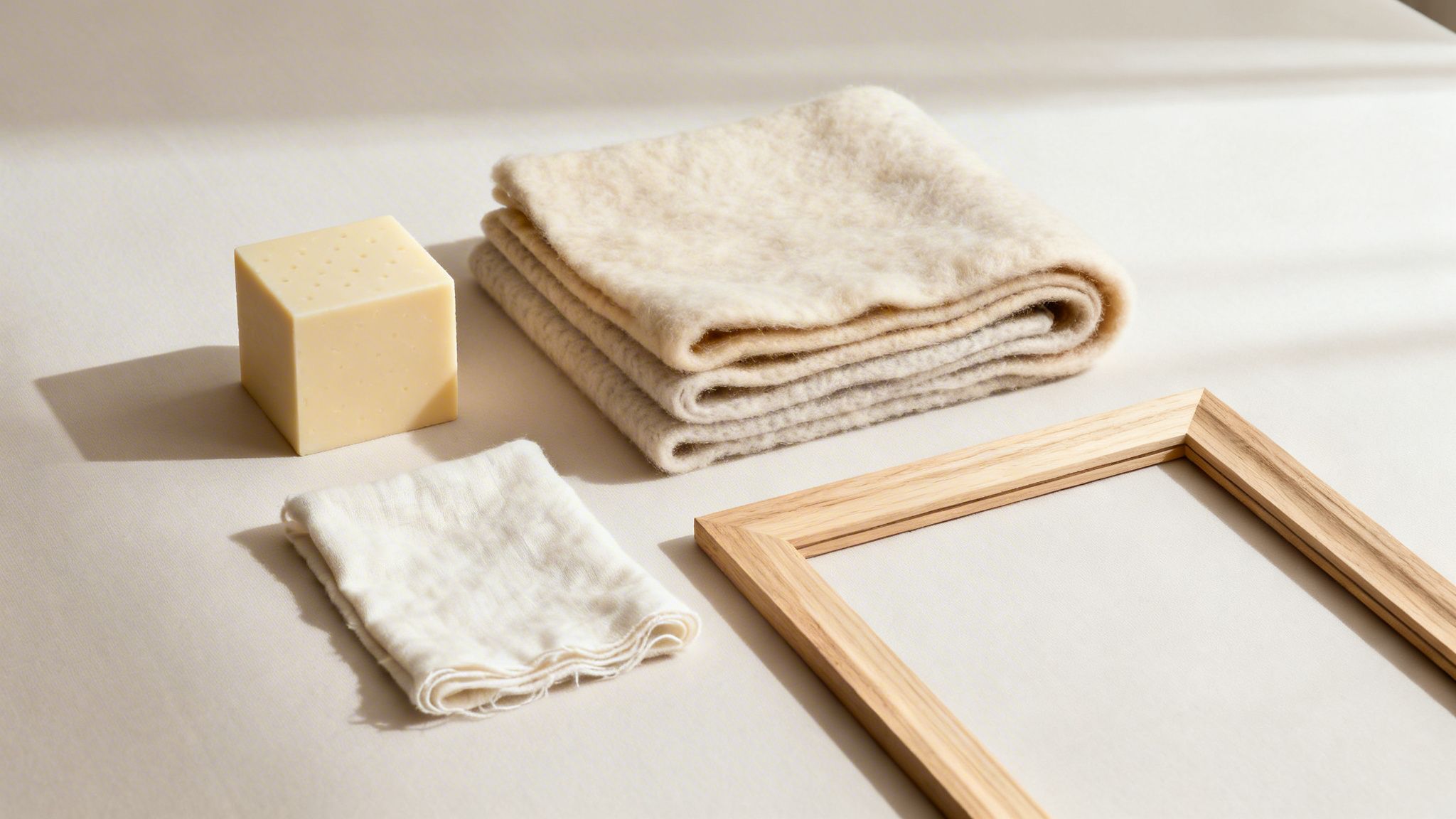 Still life of natural materials: wool fabric, wooden frame, and a yellow block.