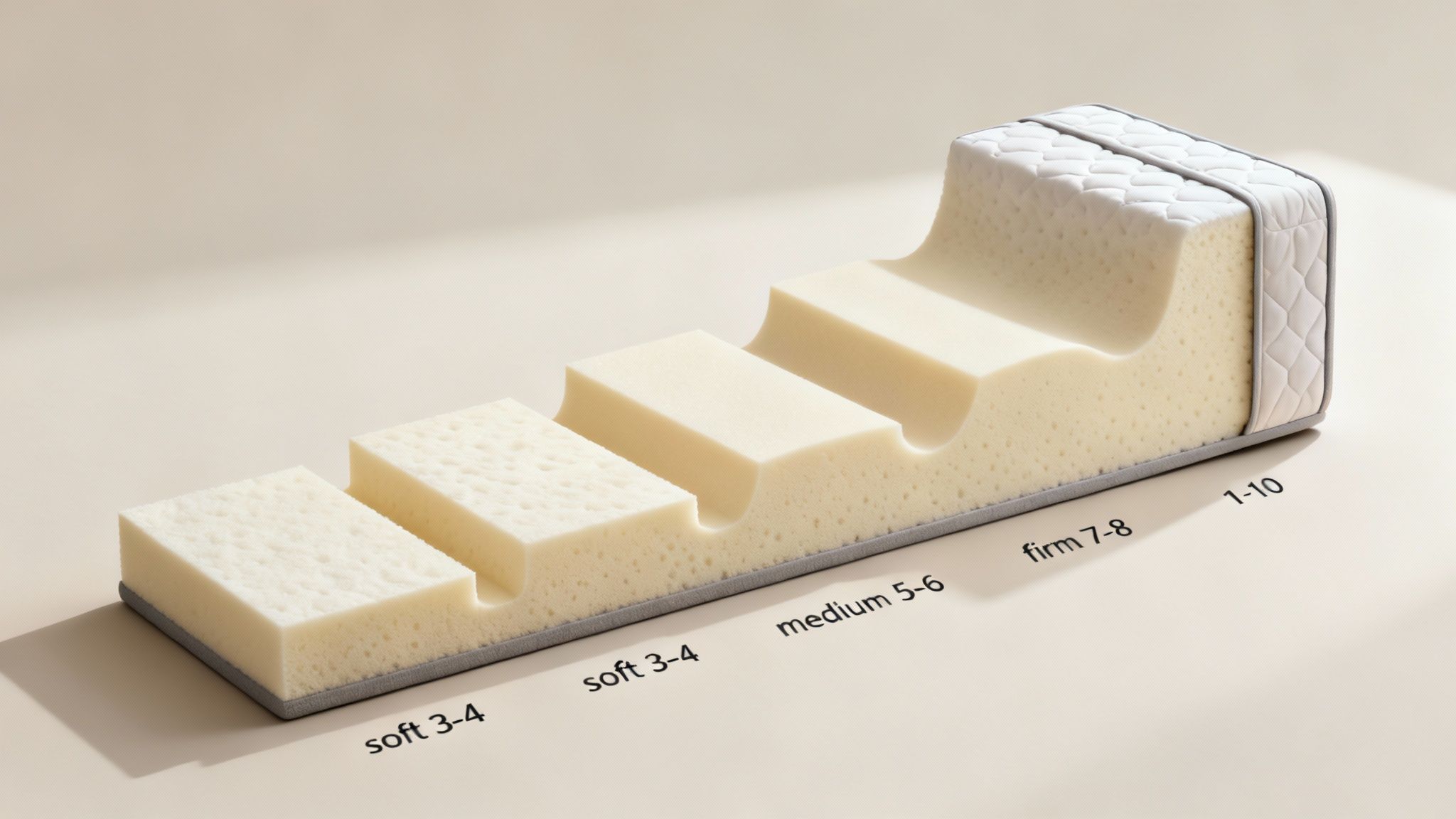 A mattress cross-section demonstrating different firmness levels, from soft to firm, using an indentation scale.