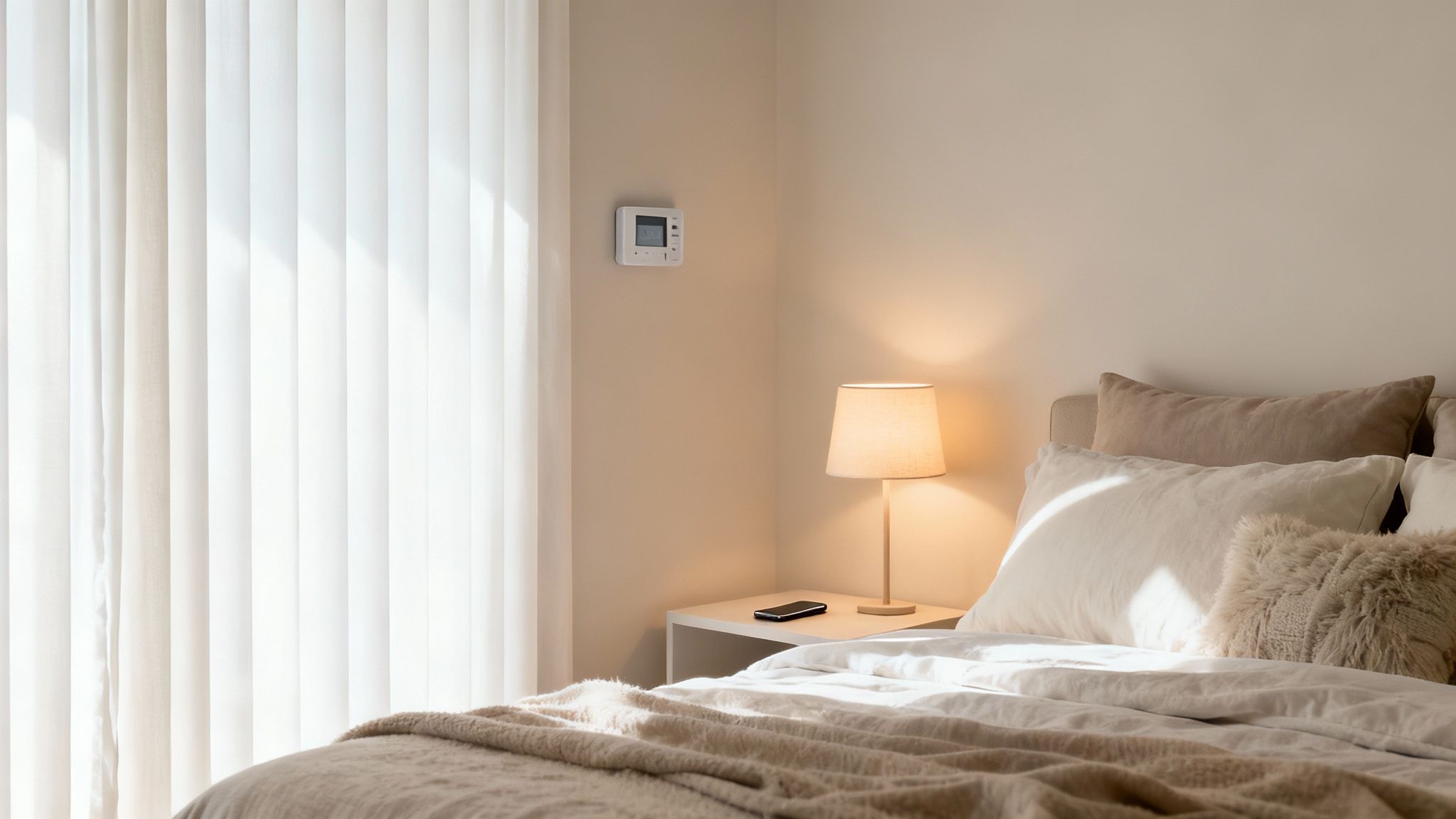 A cozy bedroom with a comfortable bed, nightstand, lamp, and thermostat, bathed in sunlight.