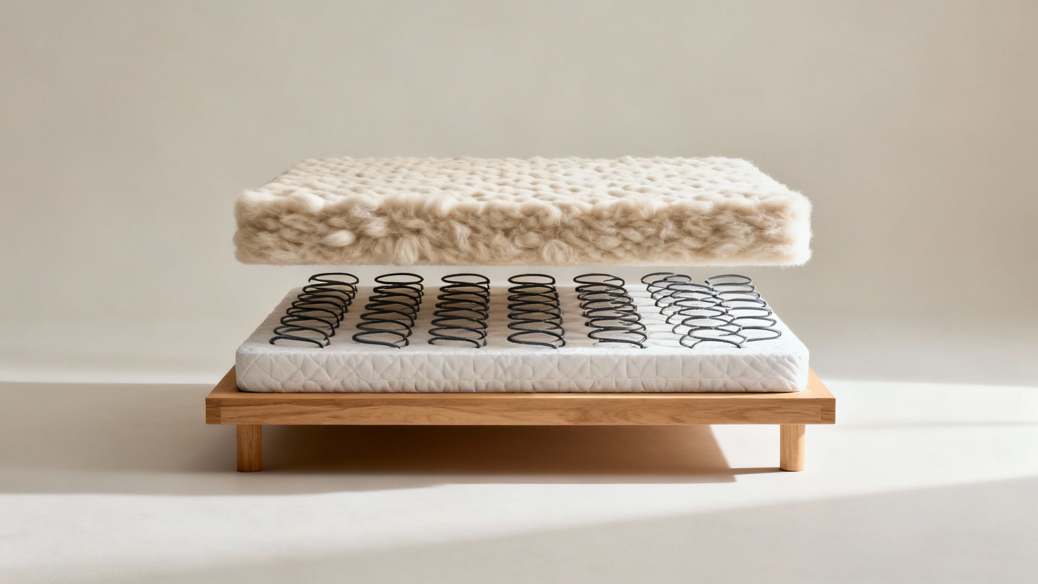 Detailed view of mattress layers: natural fibers, metal springs, and a solid wood bed base.