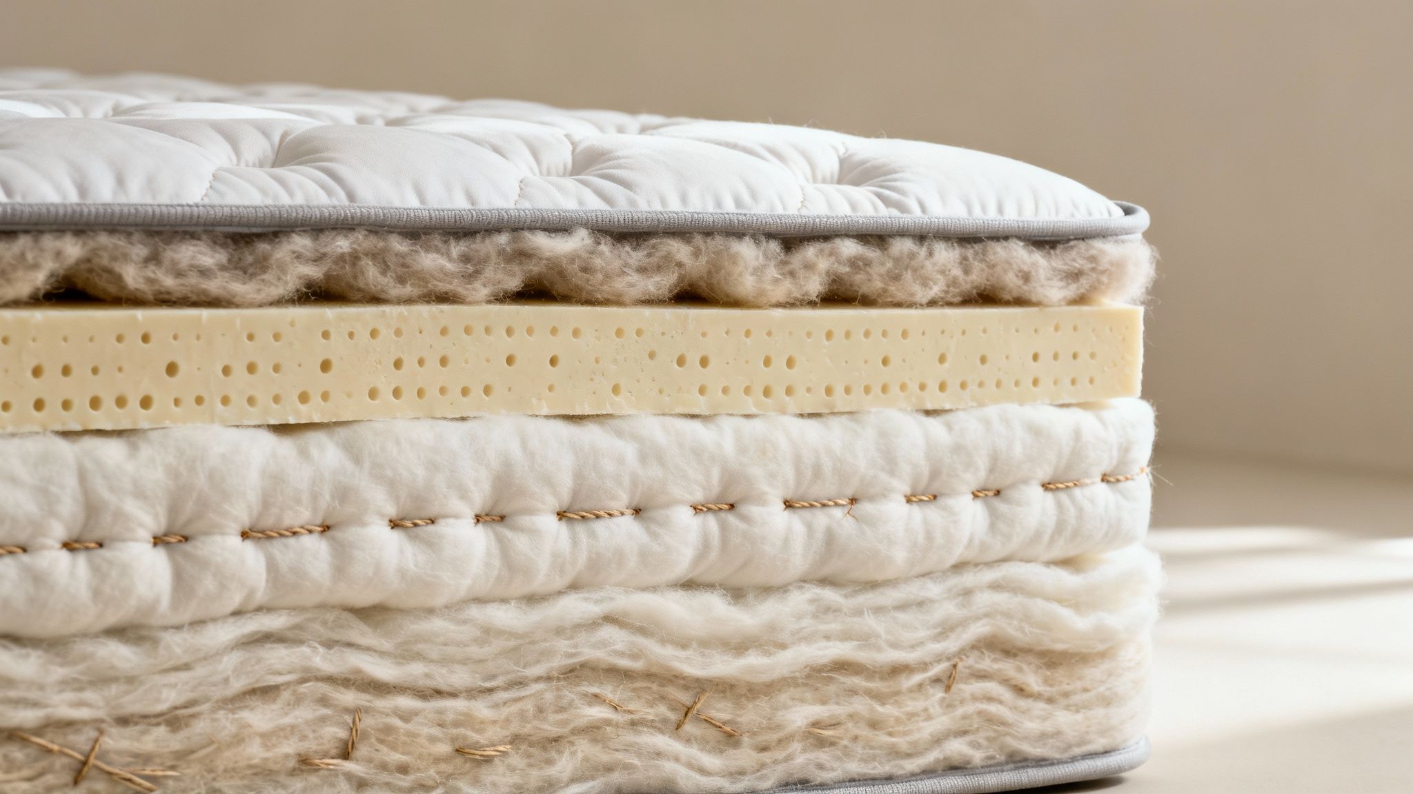 Cross-section view of Avocado Green mattress layers showing natural latex, wool, and cotton materials