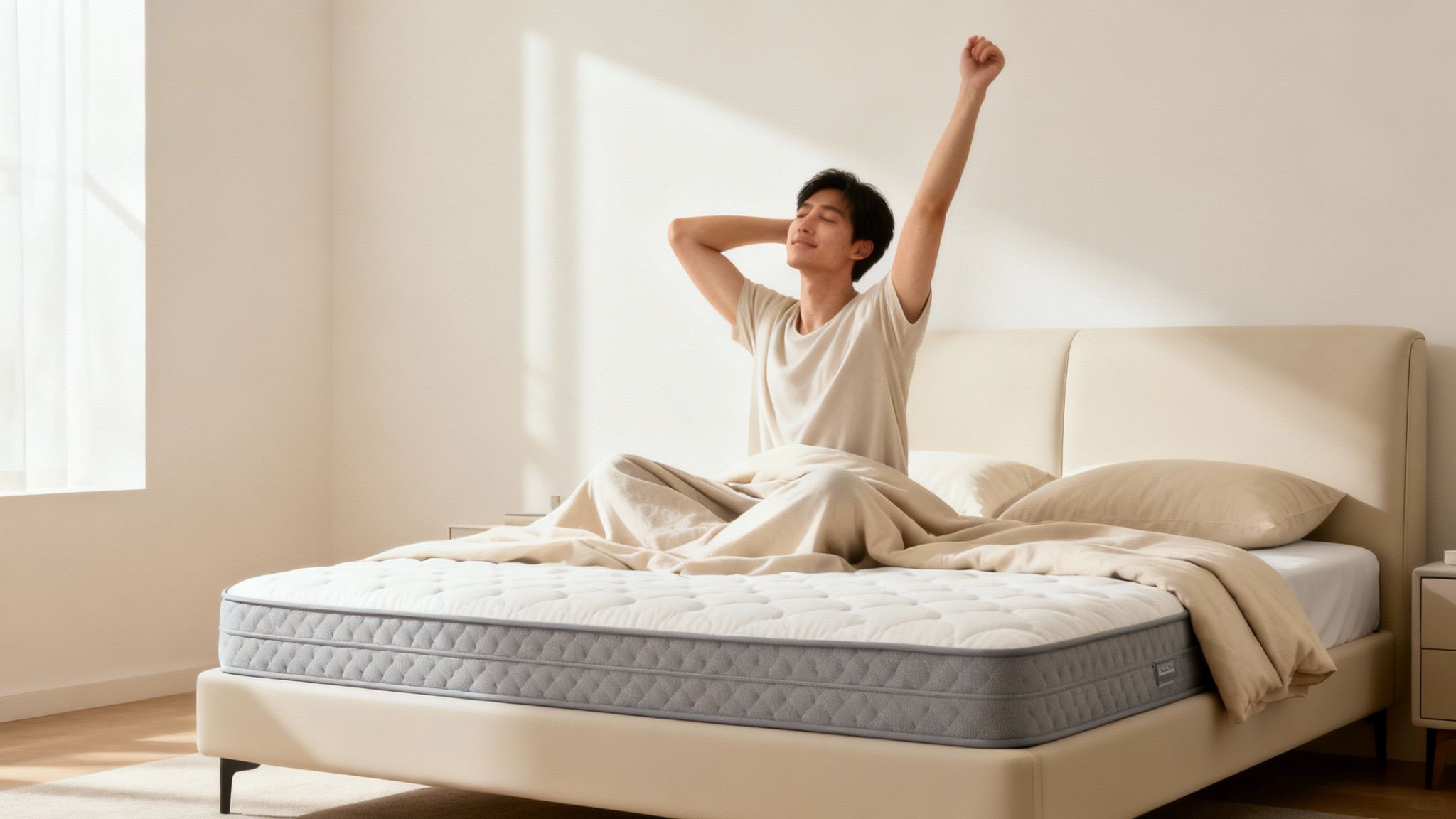 A man stretches comfortably in a modern bedroom on a luxurious mattress, feeling refreshed.