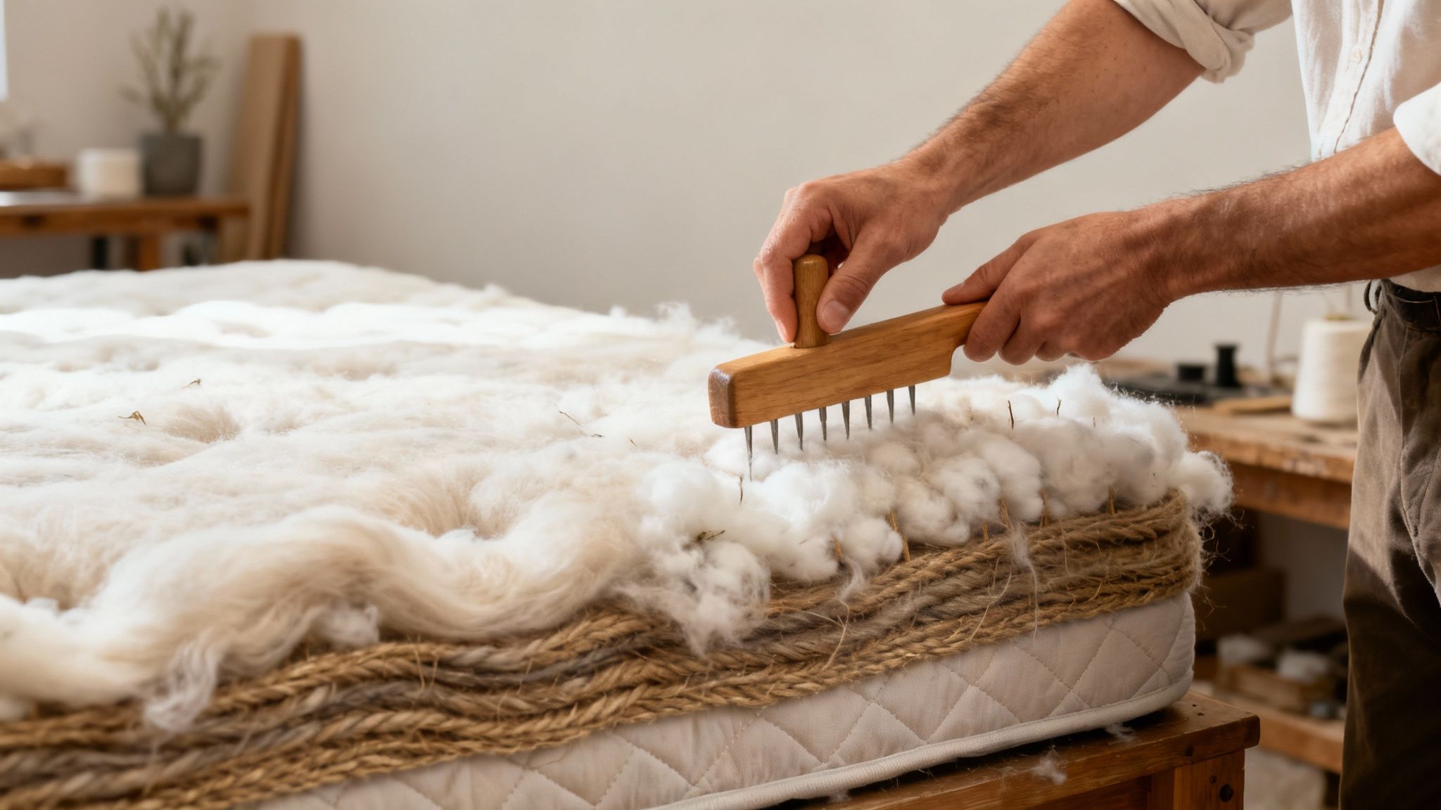 Close-up of hands using a wooden tool to arrange natural fibers on an eco-friendly mattress.
