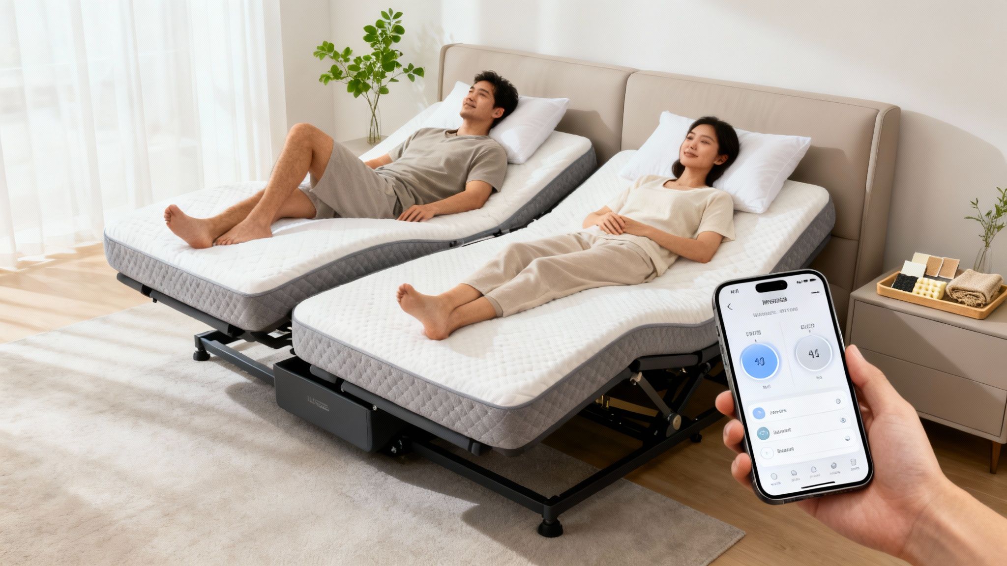 Couple testing split-base positions in Carlsbad showroom